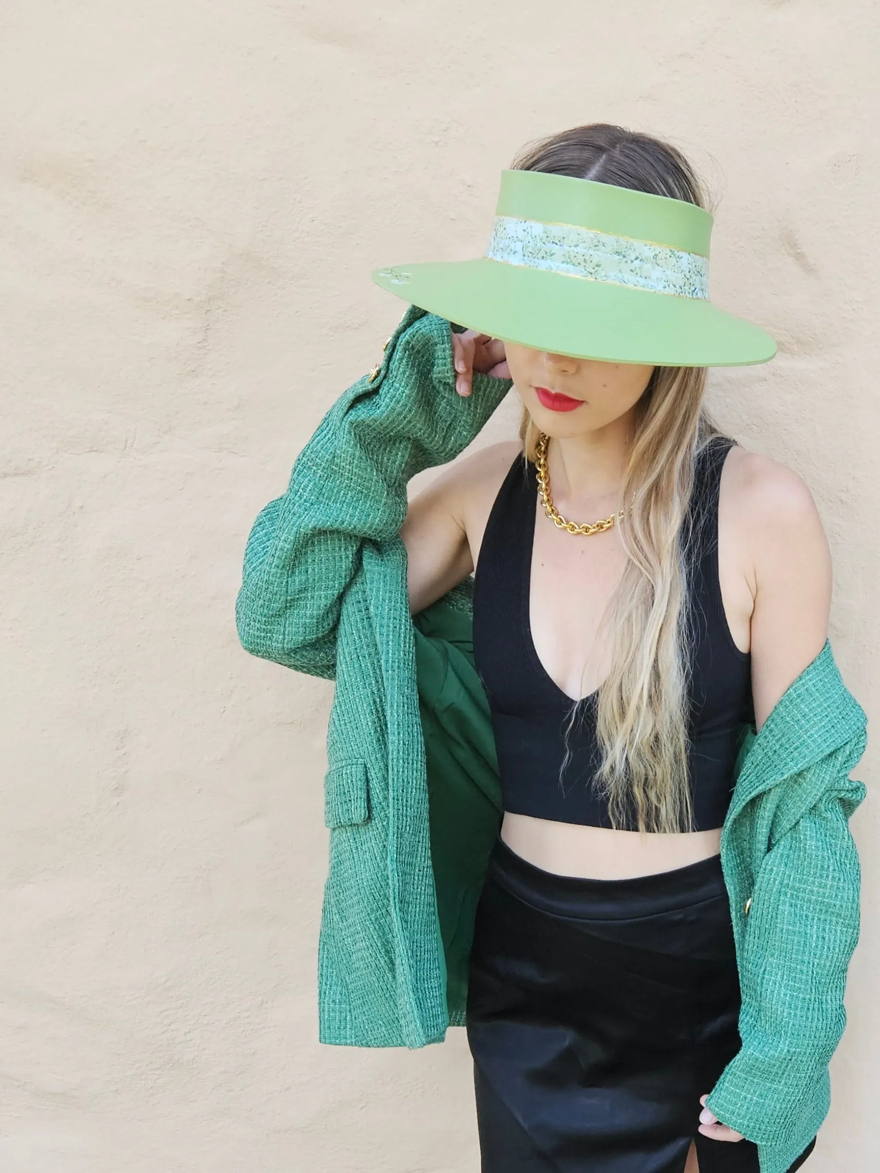 Green "LadyEVA" Visor Hat with Bright Green Garden Band and Handpainted Floral Motif