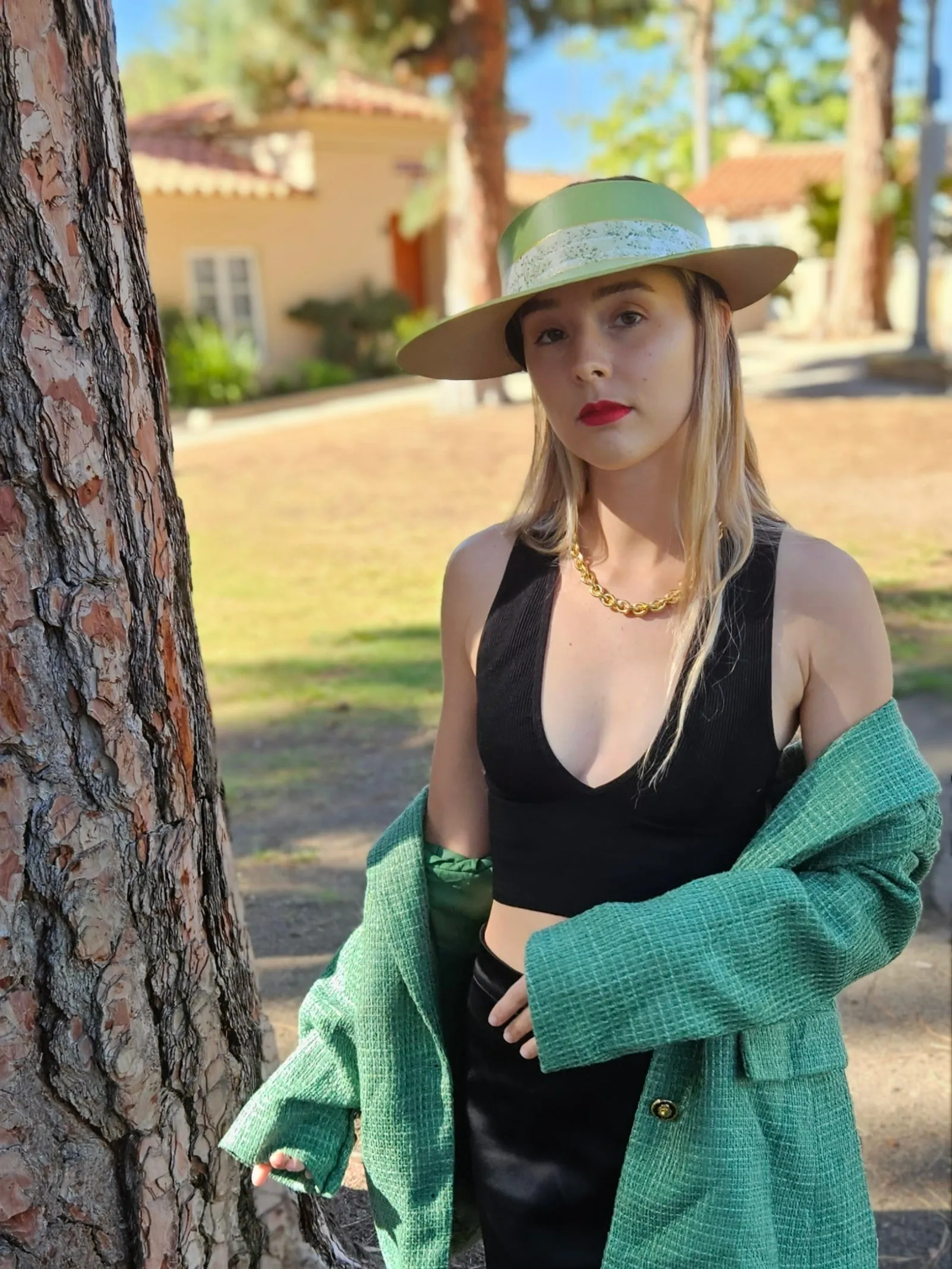 Green "LadyEVA" Visor Hat with Bright Green Garden Band and Handpainted Floral Motif