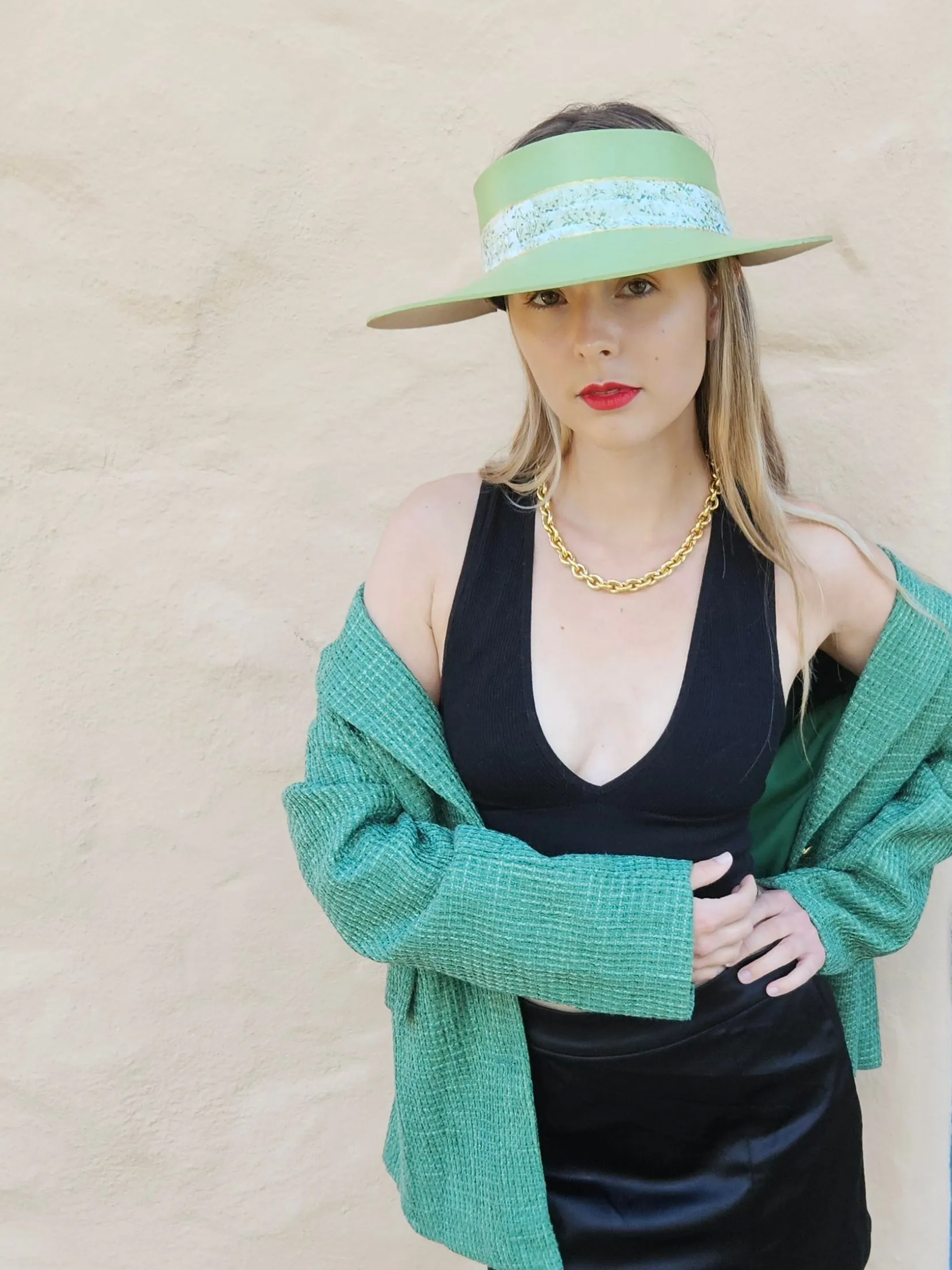 Green "LadyEVA" Visor Hat with Bright Green Garden Band and Handpainted Floral Motif