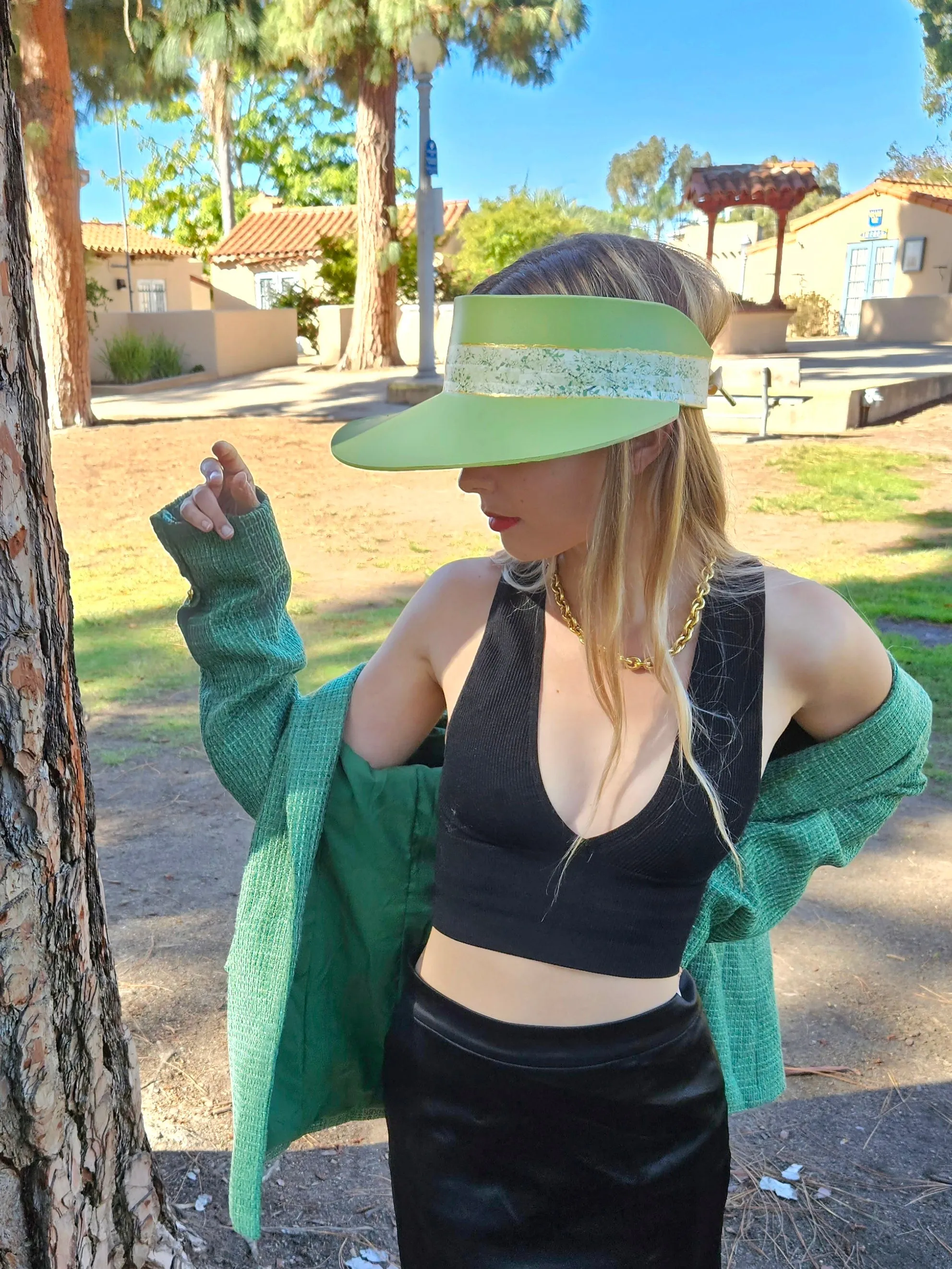 Green "LadyEVA" Visor Hat with Bright Green Garden Band and Handpainted Floral Motif