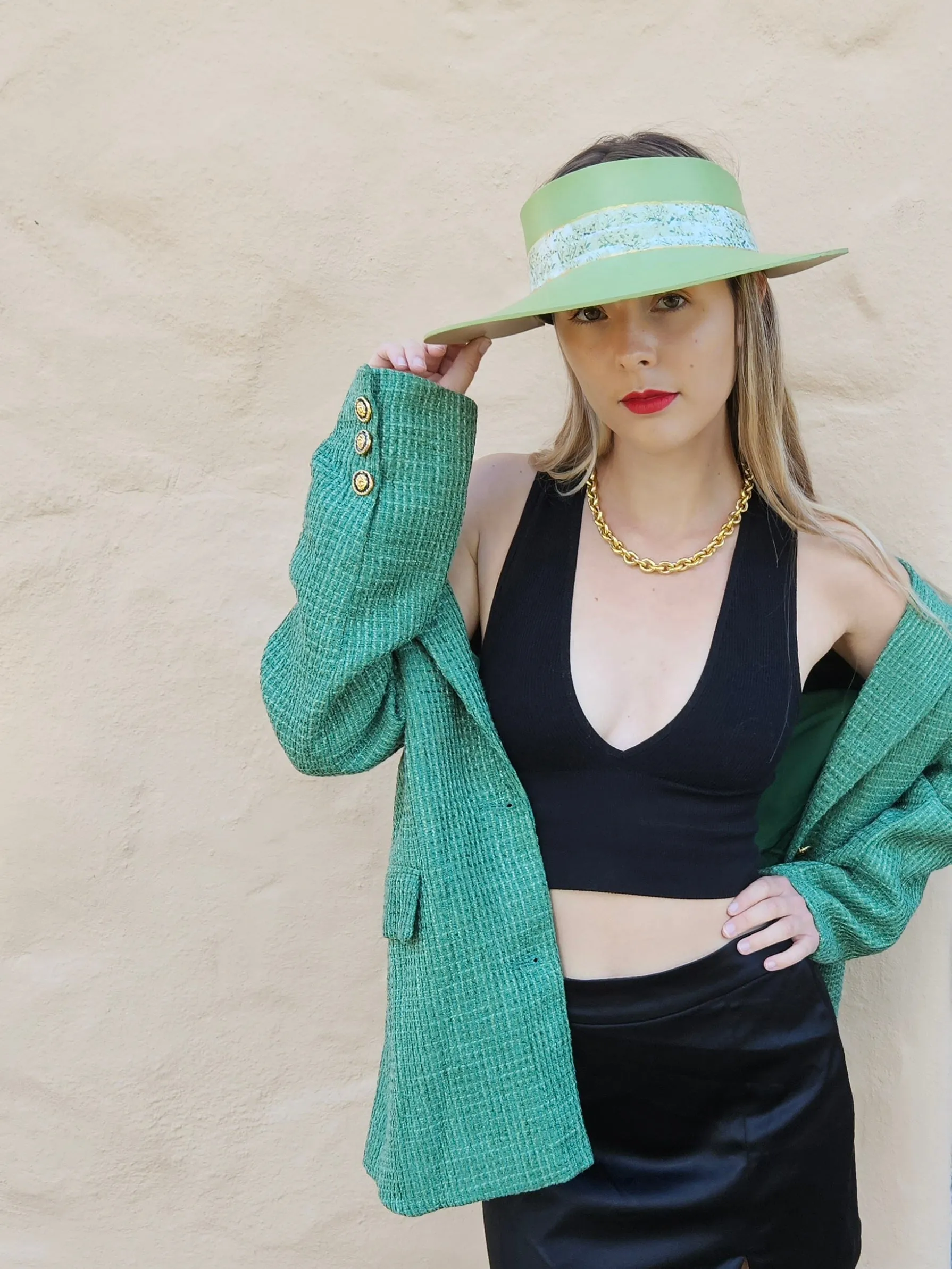 Green "LadyEVA" Visor Hat with Bright Green Garden Band and Handpainted Floral Motif