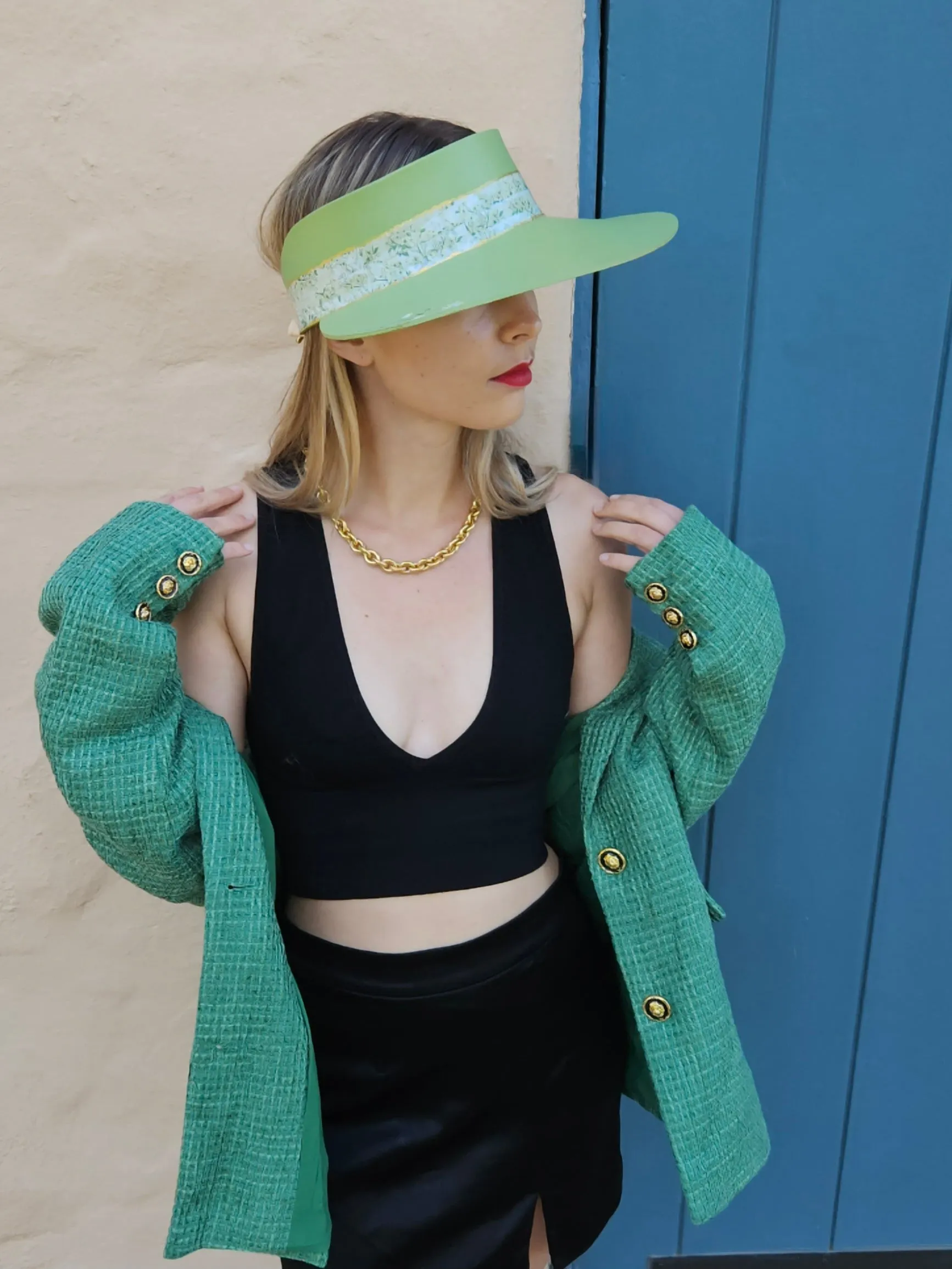 Green "LadyEVA" Visor Hat with Bright Green Garden Band and Handpainted Floral Motif