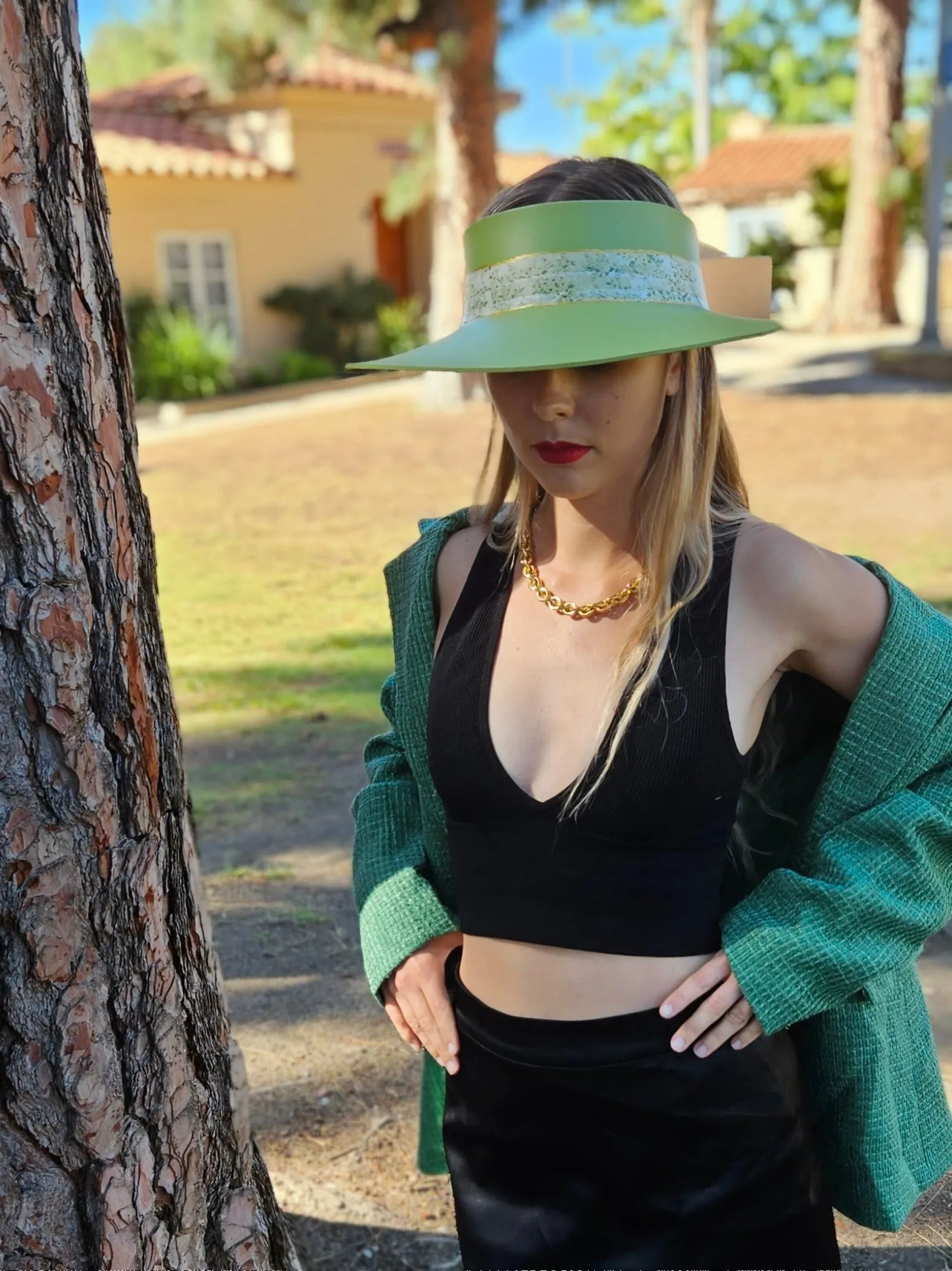 Green "LadyEVA" Visor Hat with Bright Green Garden Band and Handpainted Floral Motif