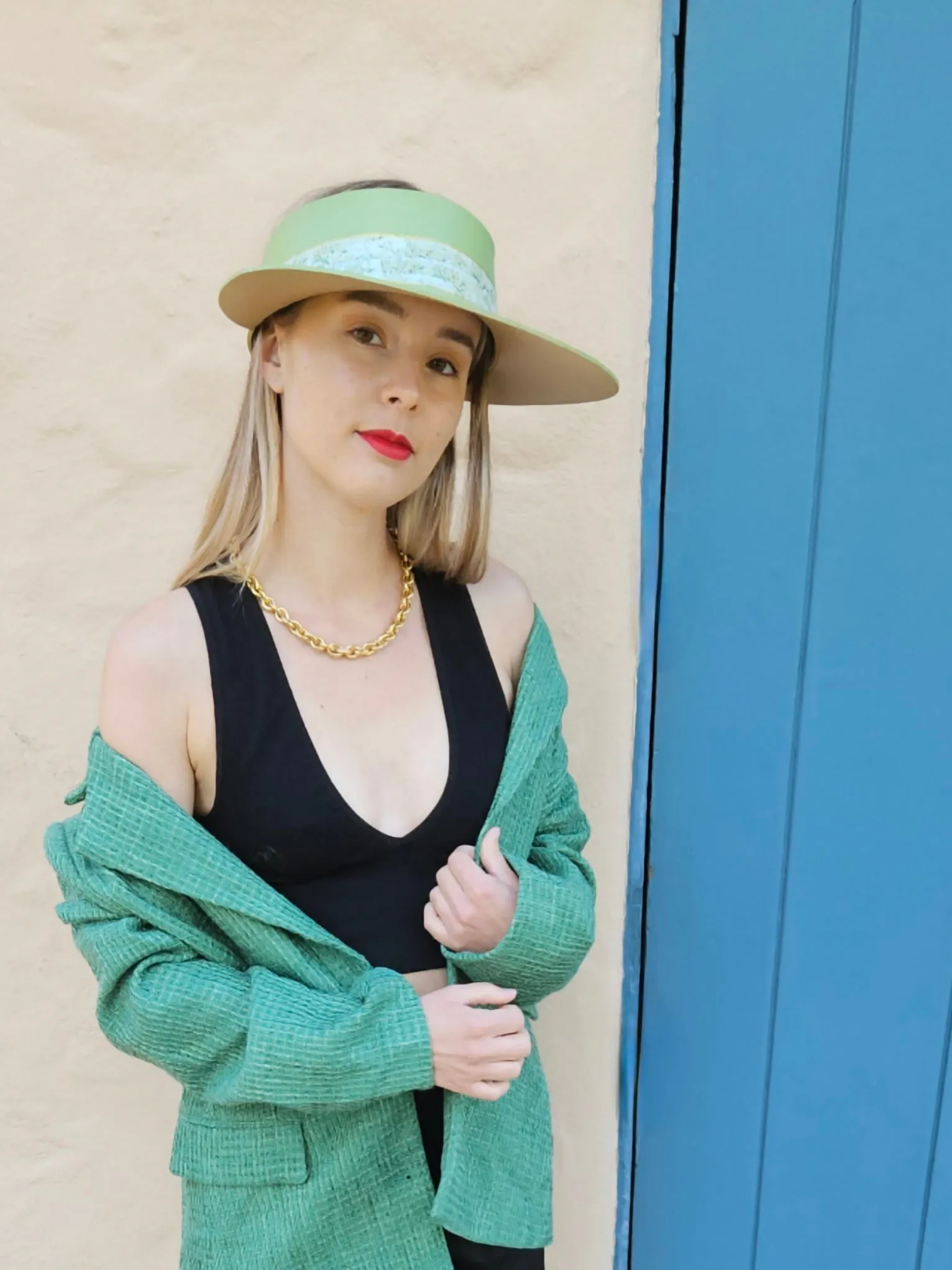 Green "LadyEVA" Visor Hat with Bright Green Garden Band and Handpainted Floral Motif