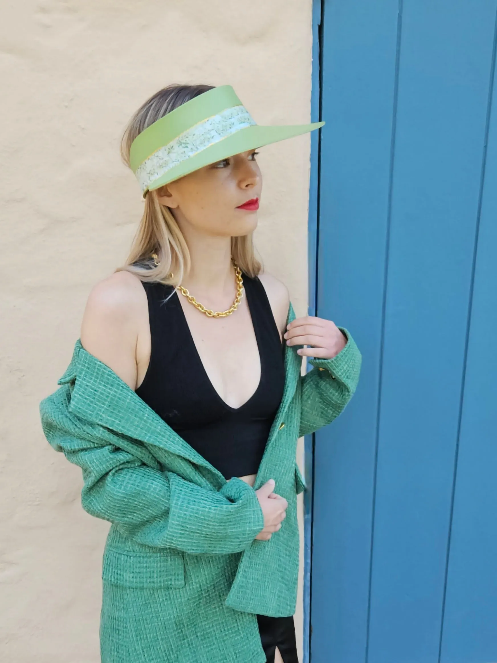 Green "LadyEVA" Visor Hat with Bright Green Garden Band and Handpainted Floral Motif