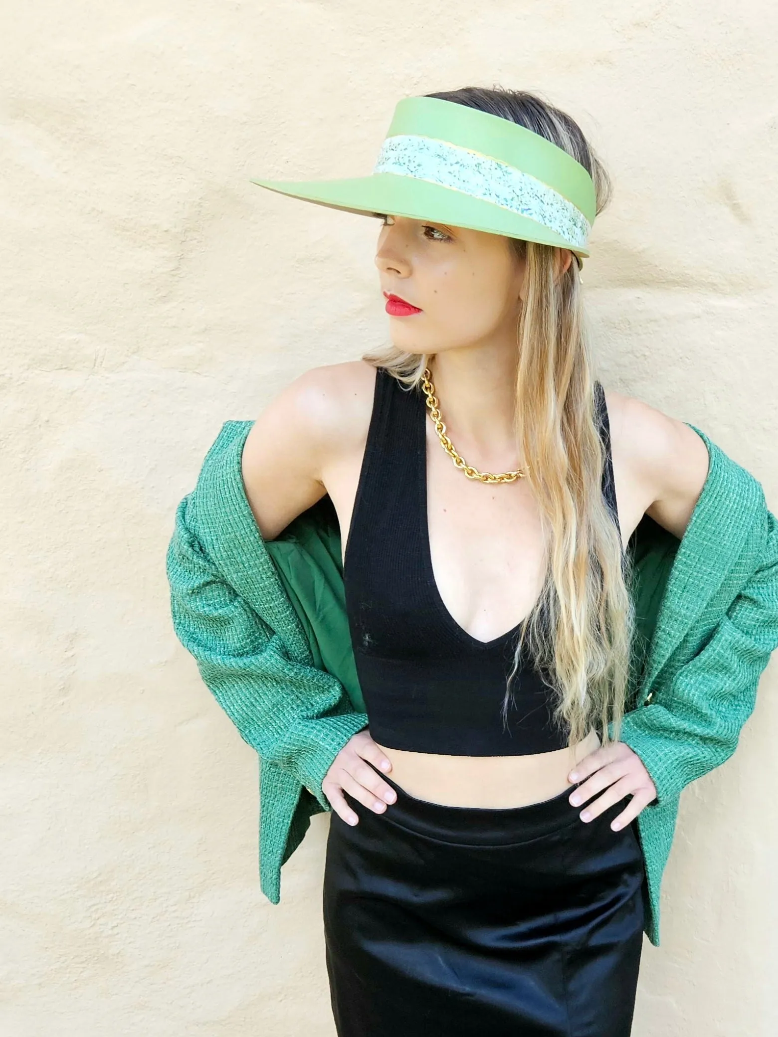 Green "LadyEVA" Visor Hat with Bright Green Garden Band and Handpainted Floral Motif