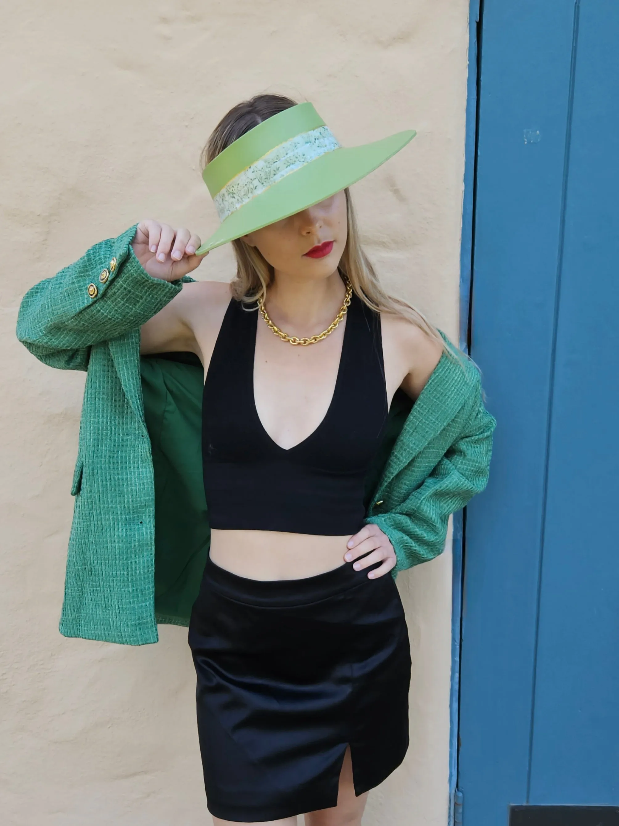 Green "LadyEVA" Visor Hat with Bright Green Garden Band and Handpainted Floral Motif