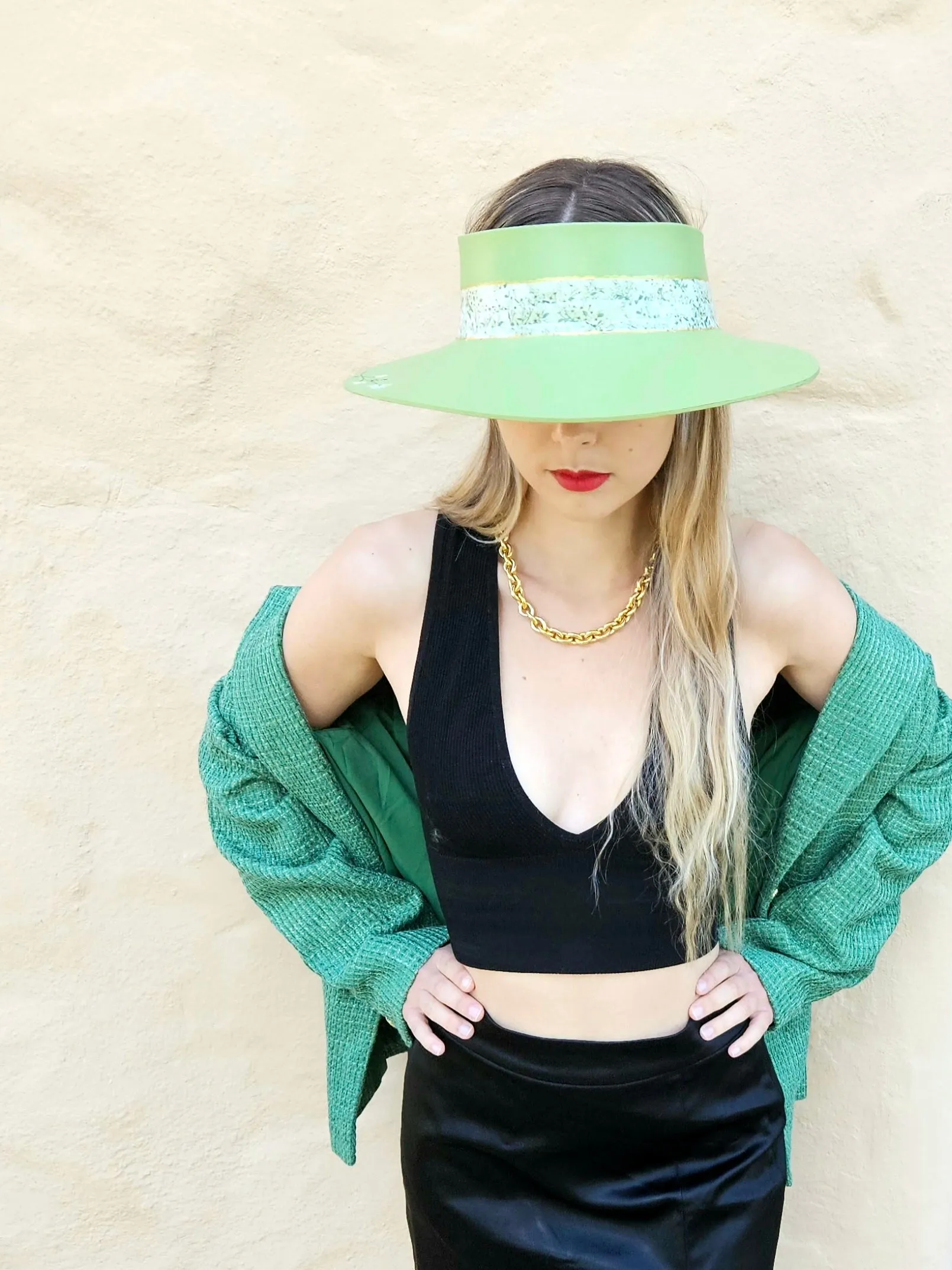 Green "LadyEVA" Visor Hat with Bright Green Garden Band and Handpainted Floral Motif