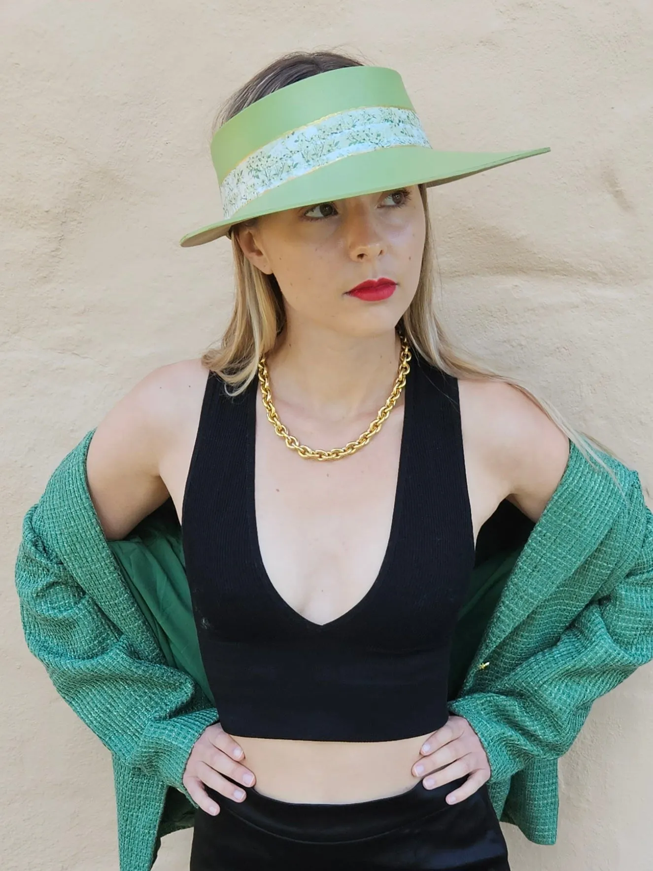 Green "LadyEVA" Visor Hat with Bright Green Garden Band and Handpainted Floral Motif