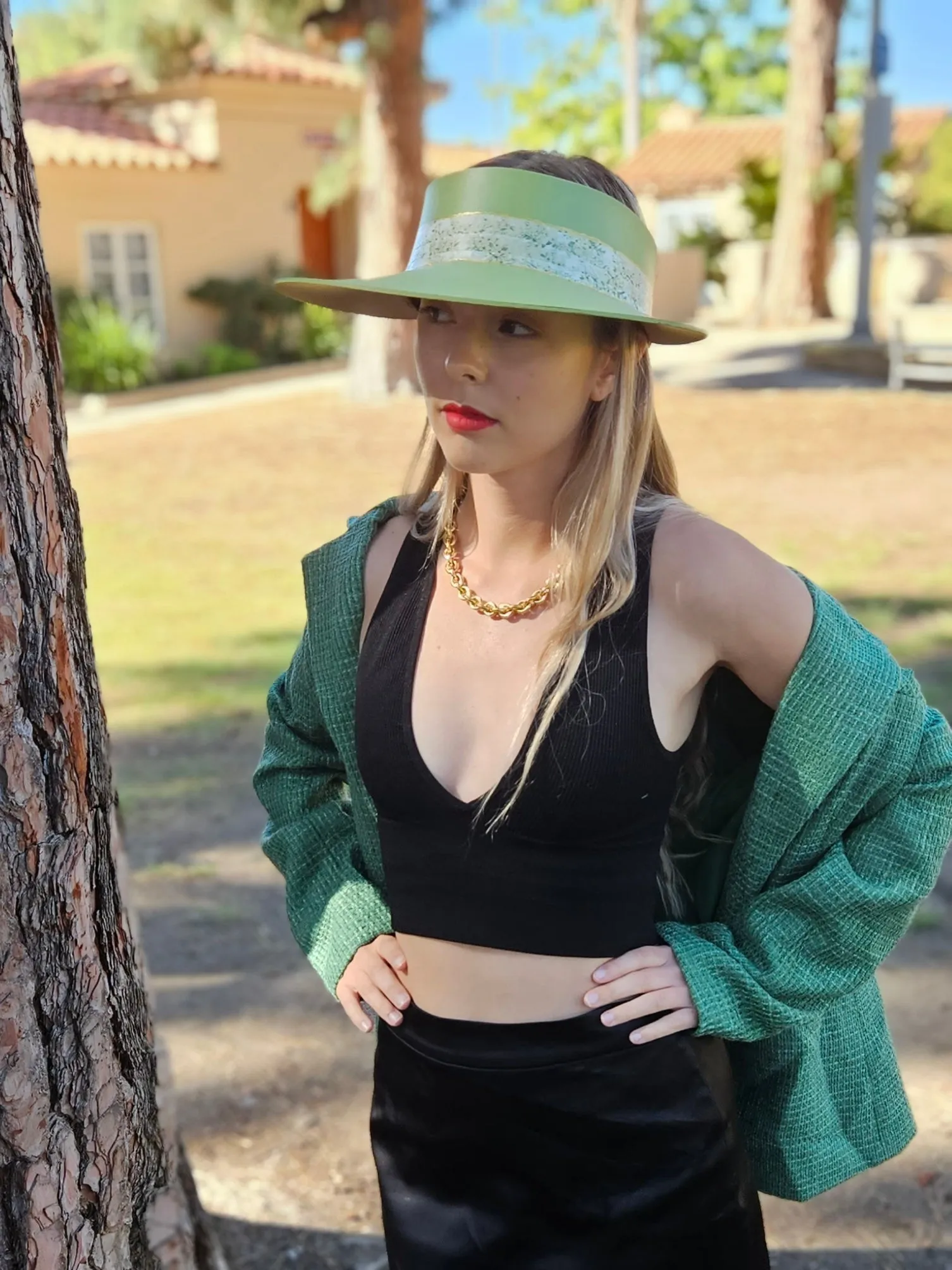 Green "LadyEVA" Visor Hat with Bright Green Garden Band and Handpainted Floral Motif