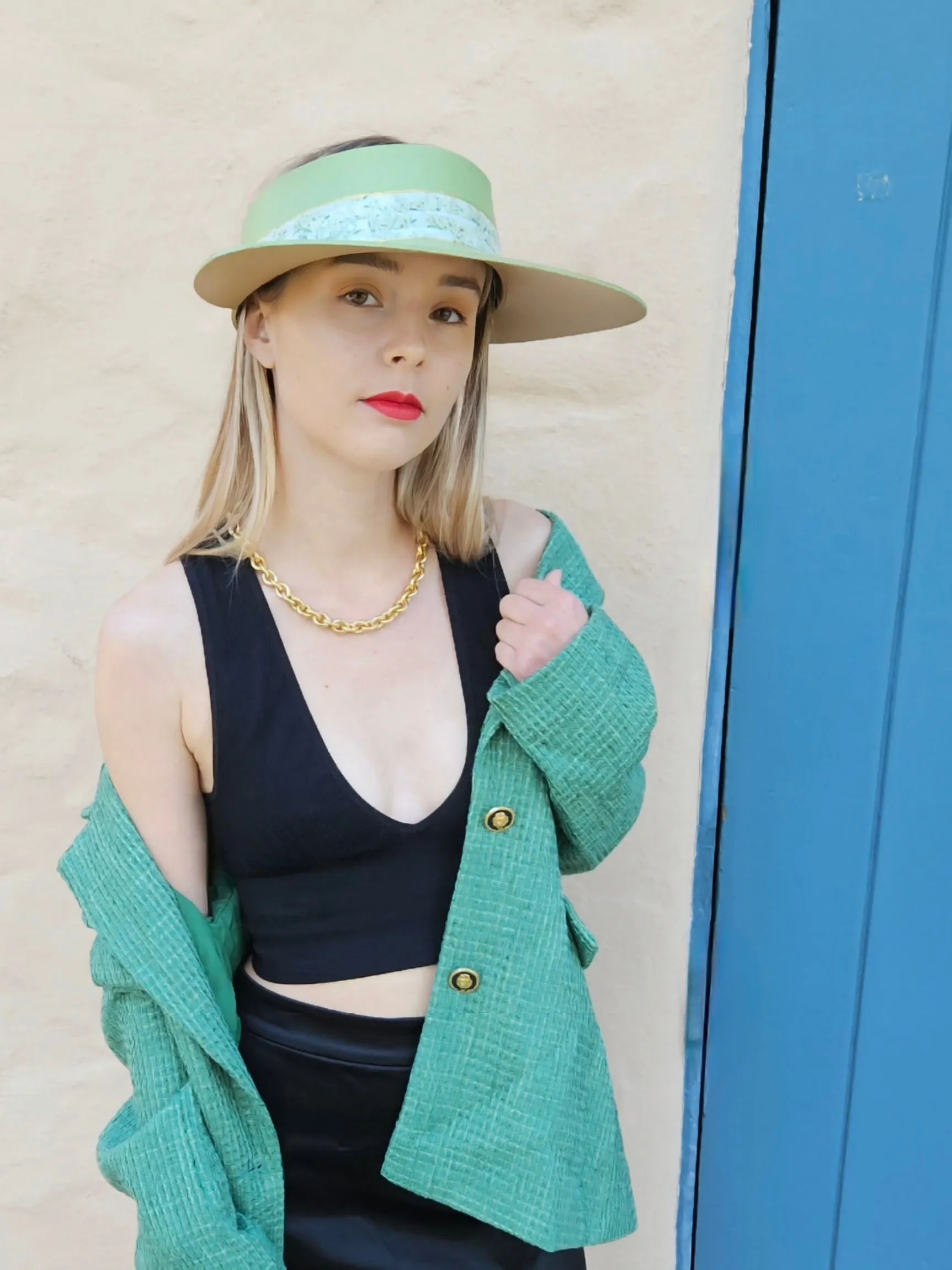 Green "LadyEVA" Visor Hat with Bright Green Garden Band and Handpainted Floral Motif