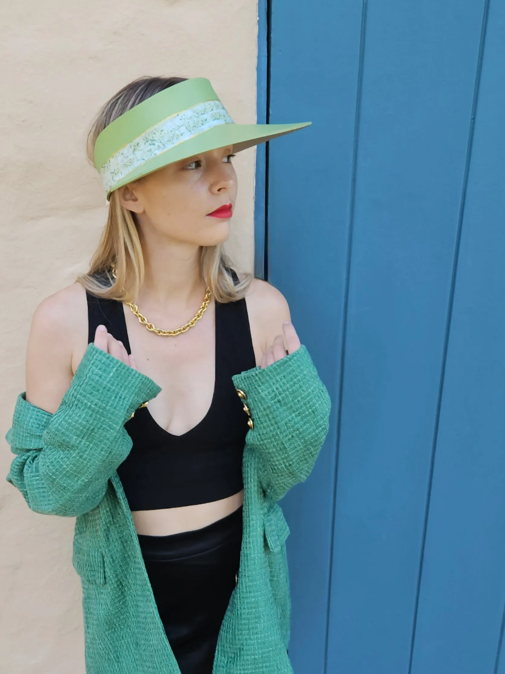 Green "LadyEVA" Visor Hat with Bright Green Garden Band and Handpainted Floral Motif