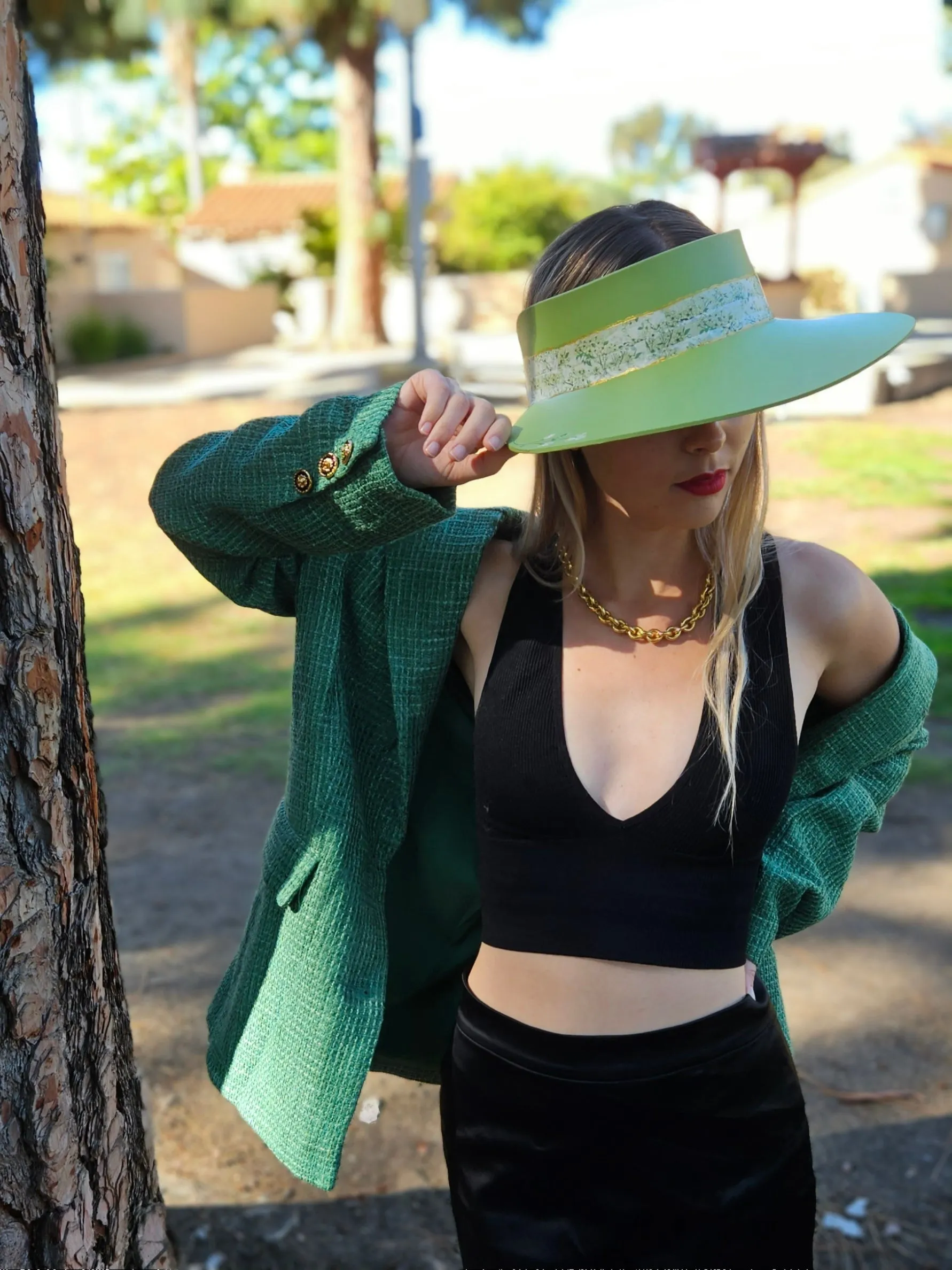 Green "LadyEVA" Visor Hat with Bright Green Garden Band and Handpainted Floral Motif