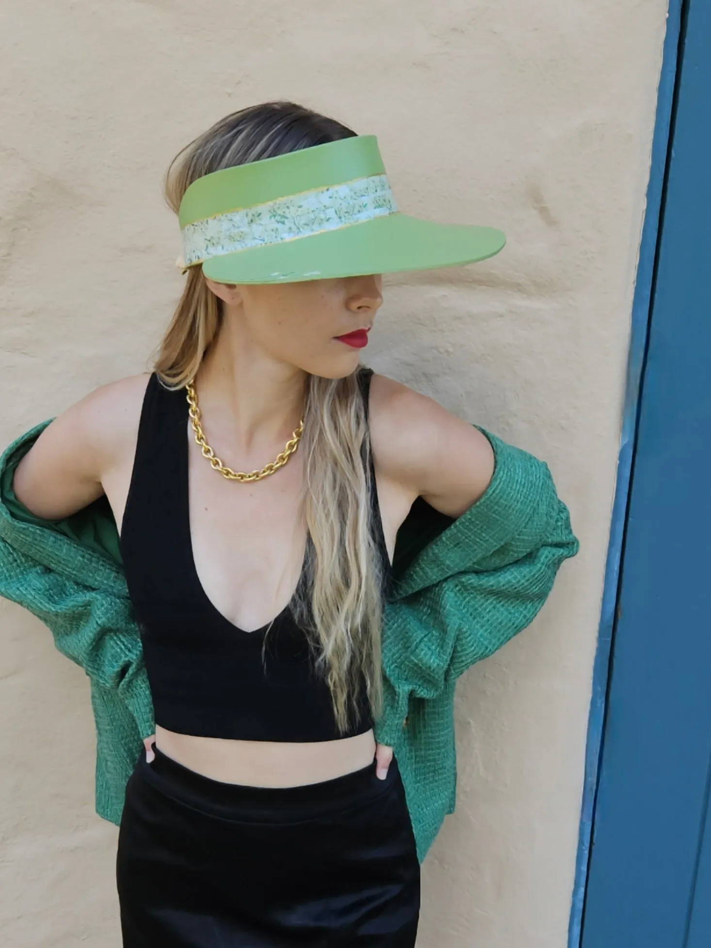 Green "LadyEVA" Visor Hat with Bright Green Garden Band and Handpainted Floral Motif