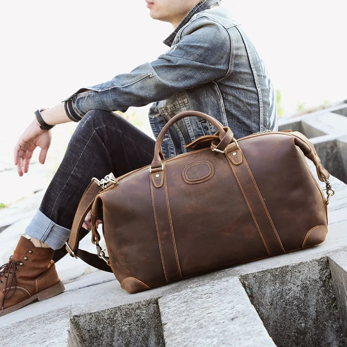 Handmade Full Grain Leather Travel Bag Duffle Bag Luggage Bag Weekender Bag Holdall DZ07