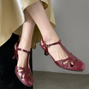 Handmade Sheepskin T-Strap Mary Jane Shoes Block Heel Round Toe Sandals