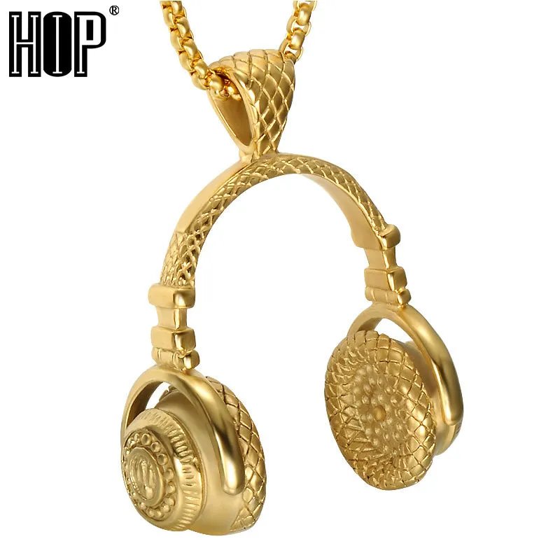 HIP Punk Gold Color Titanium Stainless Steel Sport Headset Music Carnival Headphones Pendants Necklaces for Men Jewelry