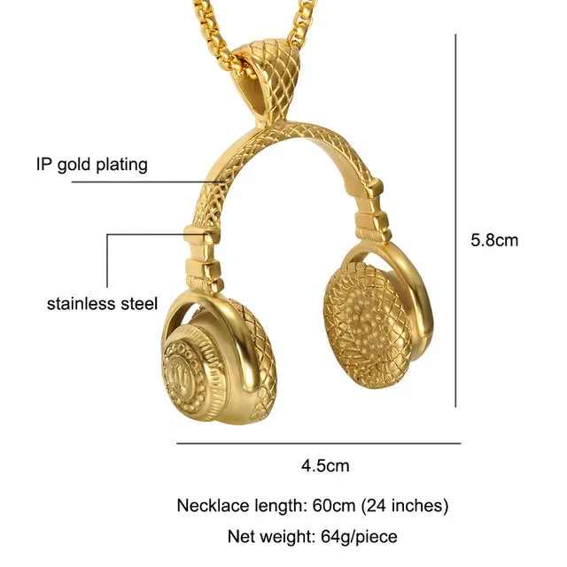 HIP Punk Gold Color Titanium Stainless Steel Sport Headset Music Carnival Headphones Pendants Necklaces for Men Jewelry