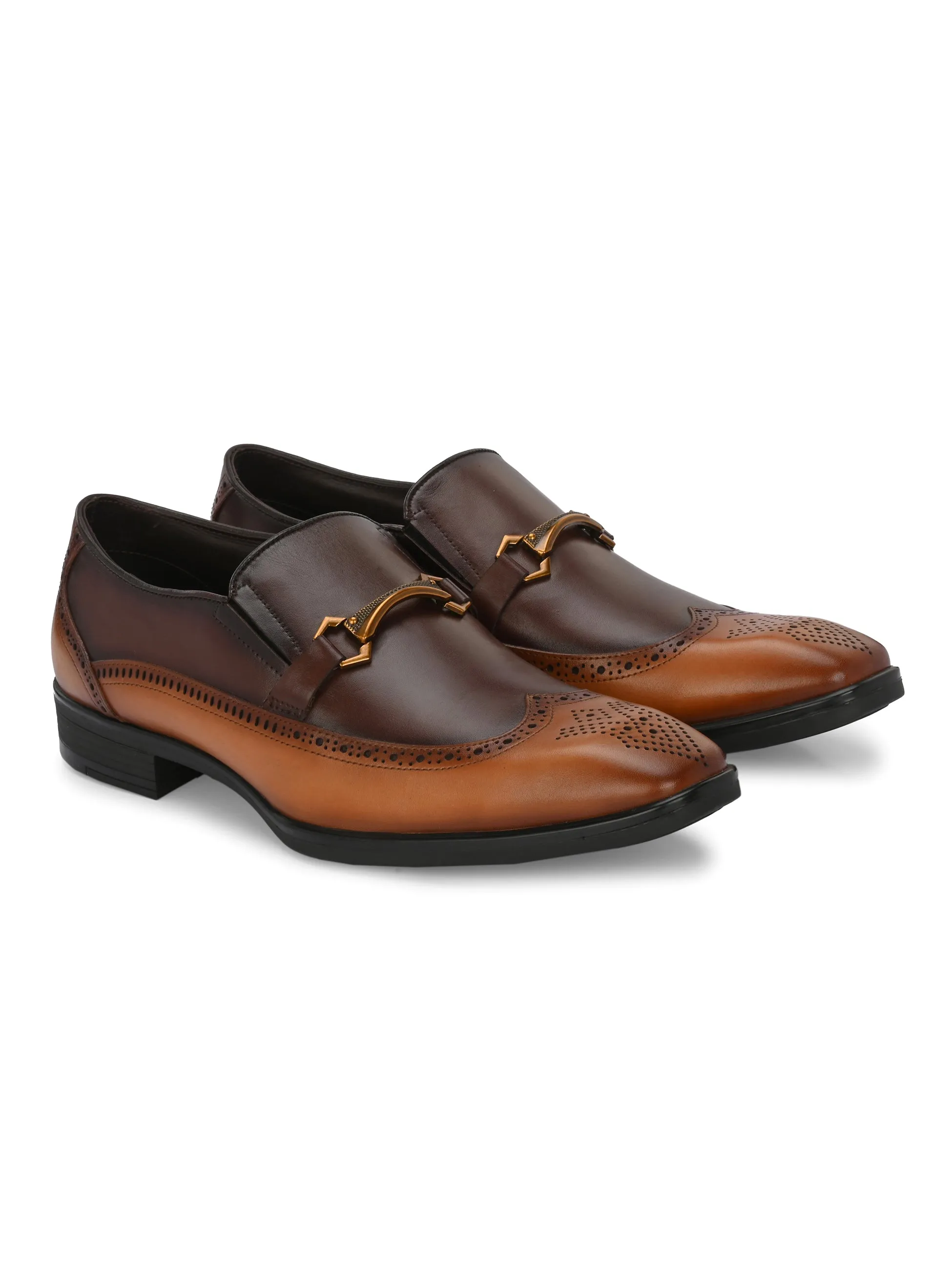 Hitz Men's Tan Brown Leather Slip-On Semi-Formal Shoes