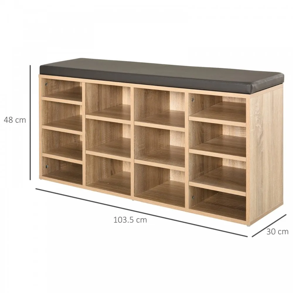 HOMCOM 14-Shelf Shoe Storage Unit, with Cushion Top - Wood-Effect