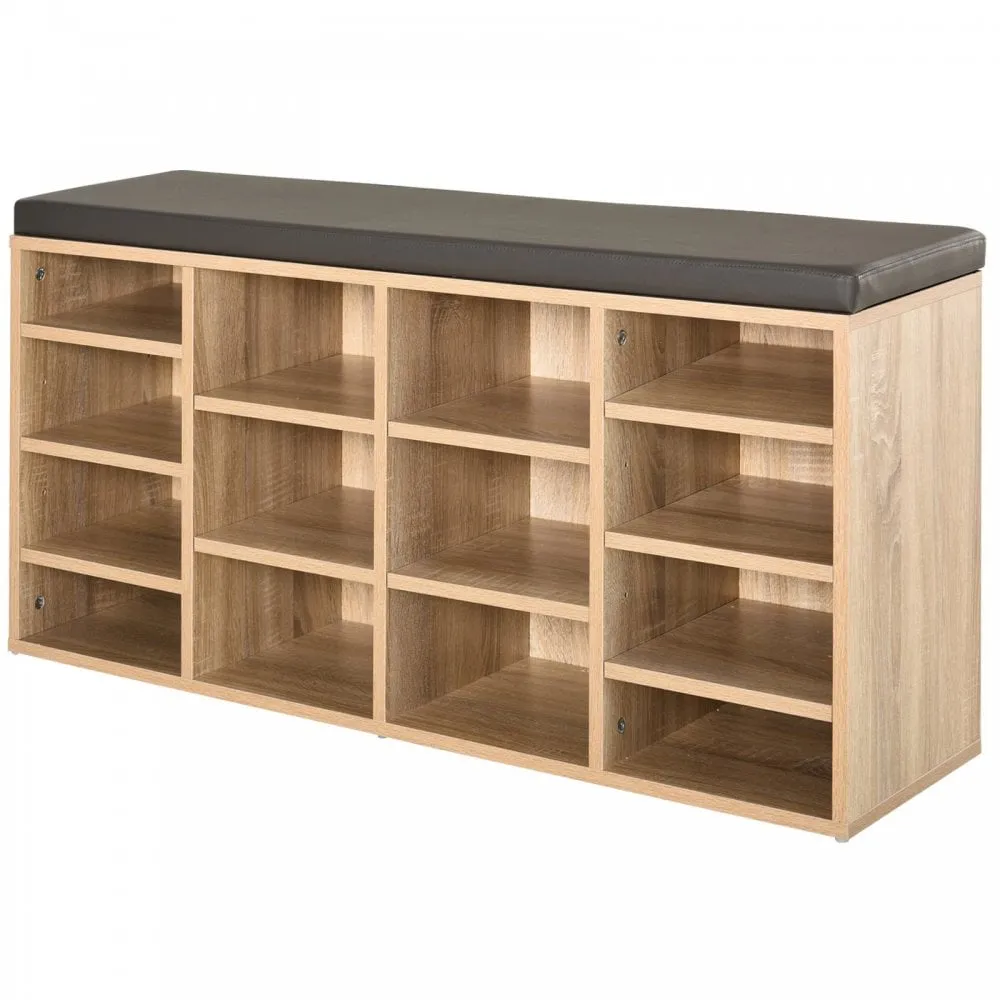 HOMCOM 14-Shelf Shoe Storage Unit, with Cushion Top - Wood-Effect