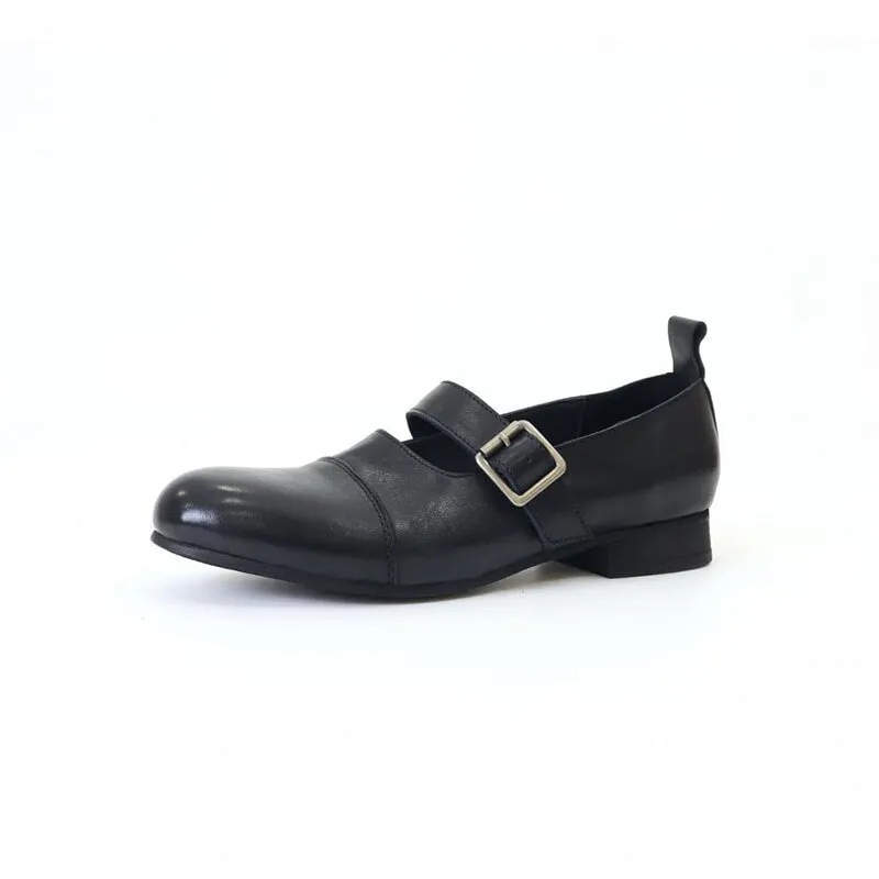 Horse Leather Classic Mary Jane Shoes For Women Rubber Sole in Black/Brown