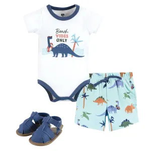 Hudson Baby Cotton Bodysuit, Shorts and Shoe Set, Beach Dino