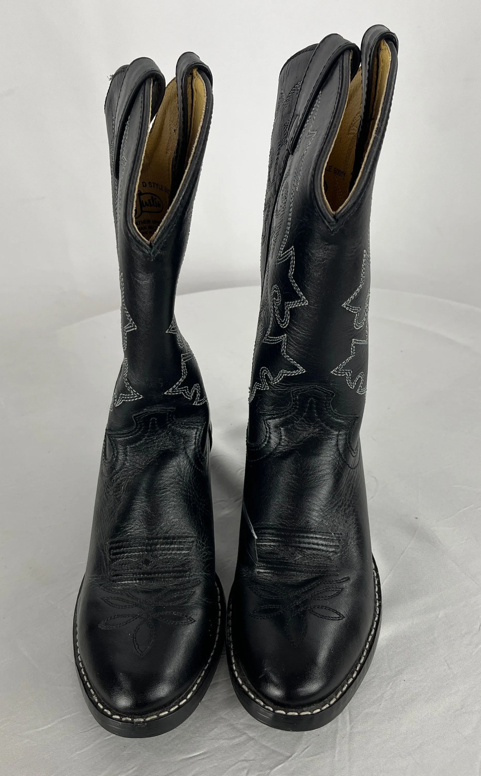 Justin Kid's Black Leather Round Toe Boots with Inlays Size 1.5D