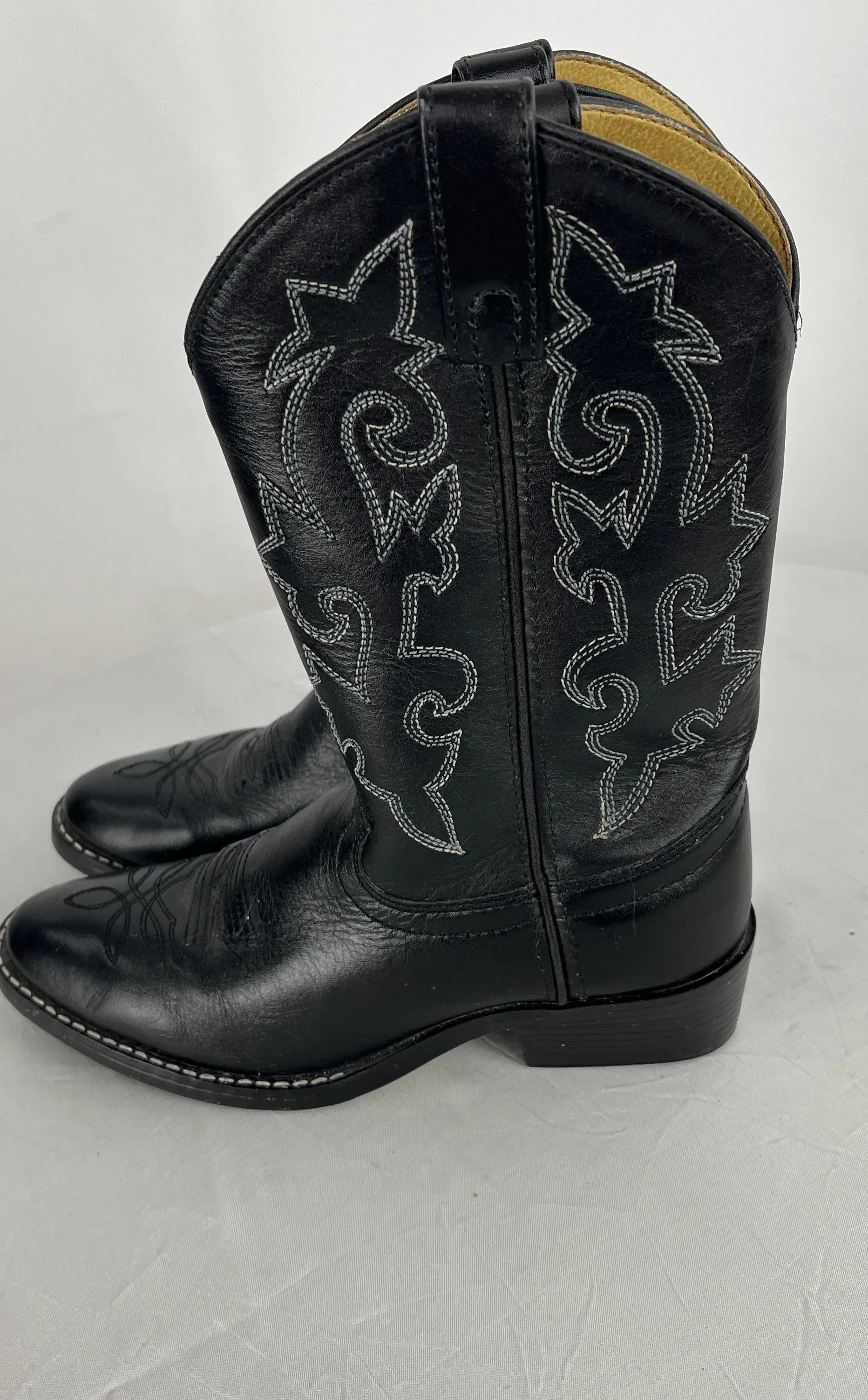 Justin Kid's Black Leather Round Toe Boots with Inlays Size 1.5D