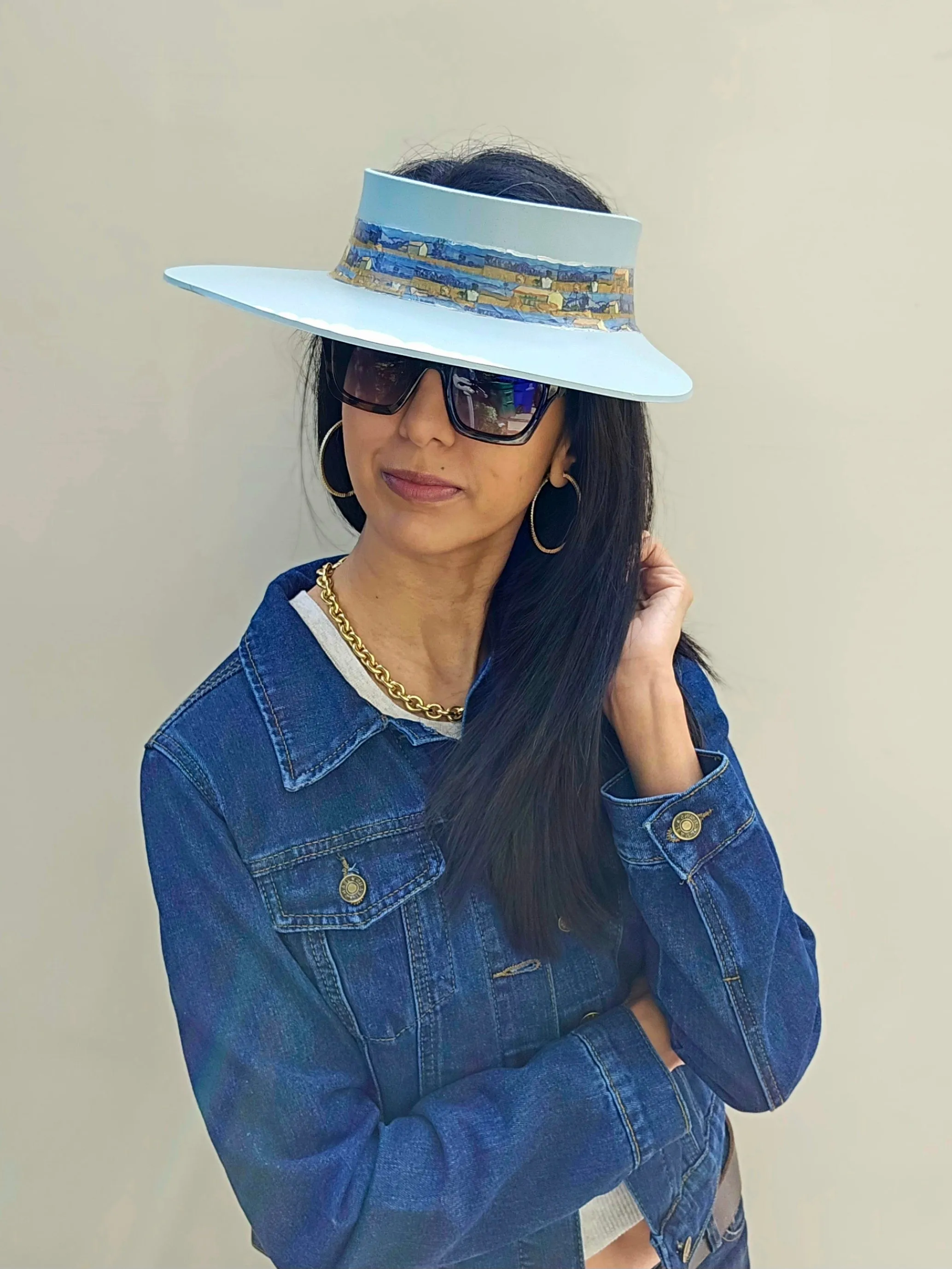 Light Blue "LadyEVA" Visor Hat with Monet Style Blue Band