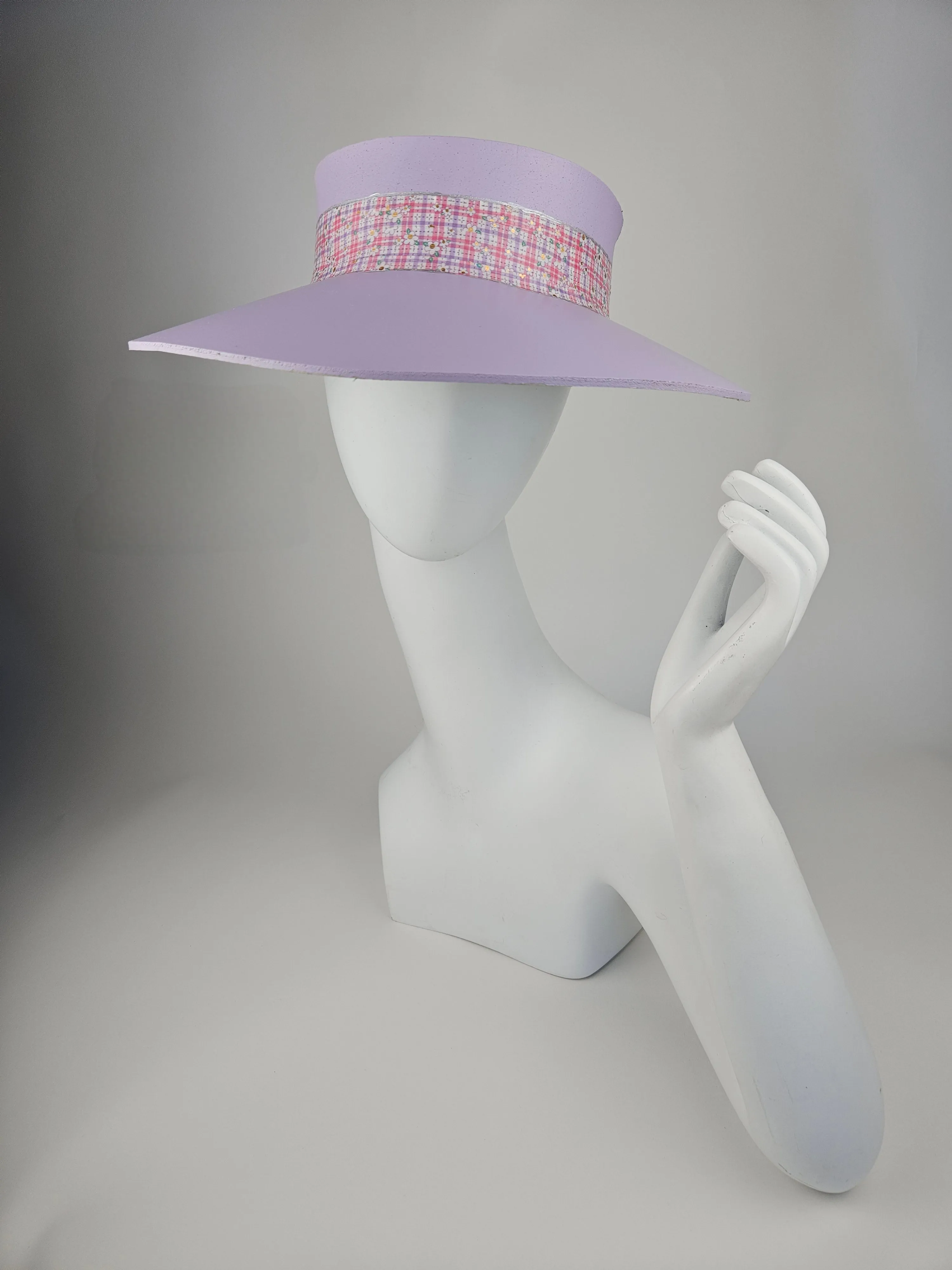 Lilac Purple "LadyEVA" Visor Hat with Multicolor Pastel Plaid Style Band