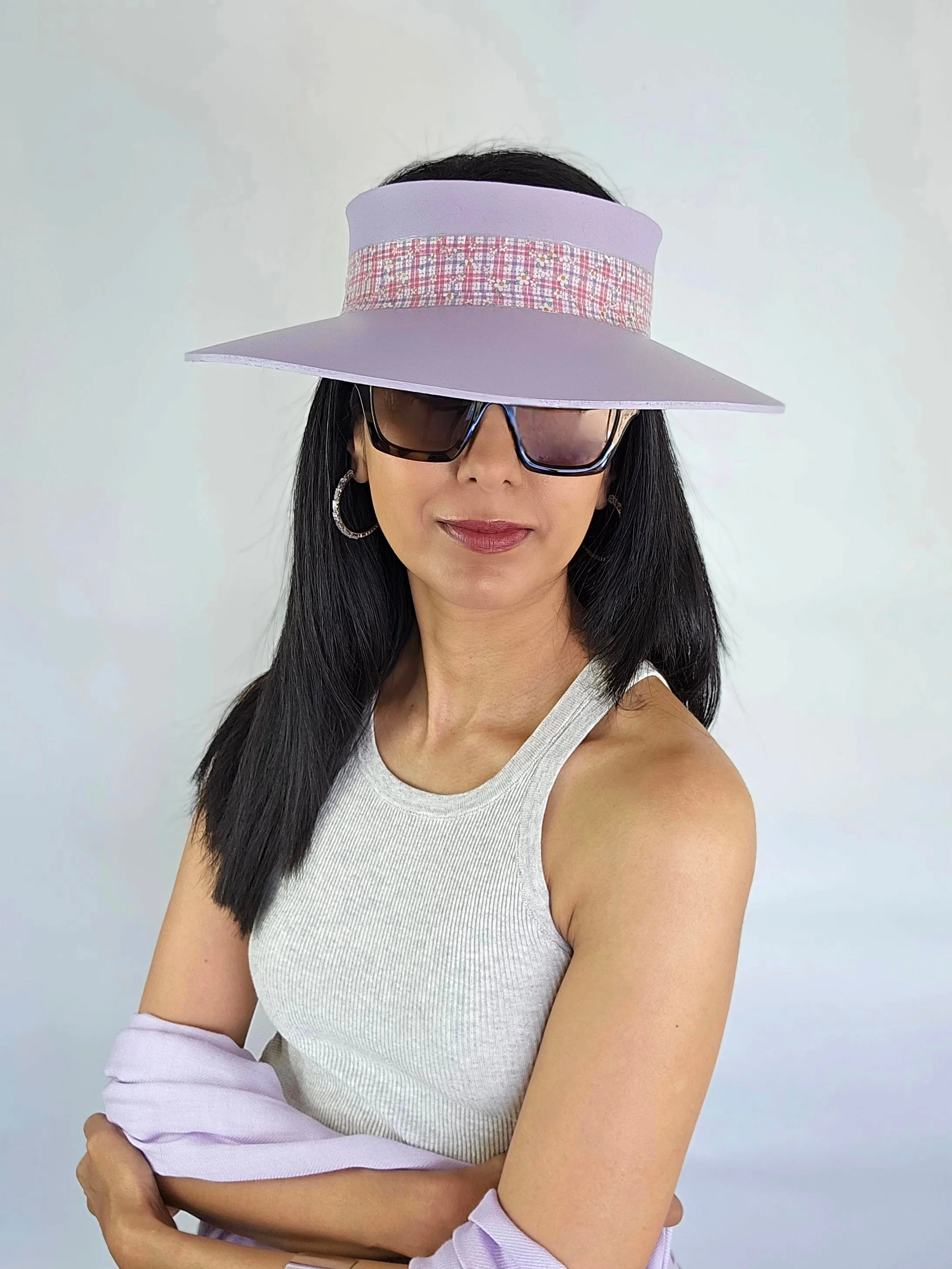 Lilac Purple "LadyEVA" Visor Hat with Multicolor Pastel Plaid Style Band