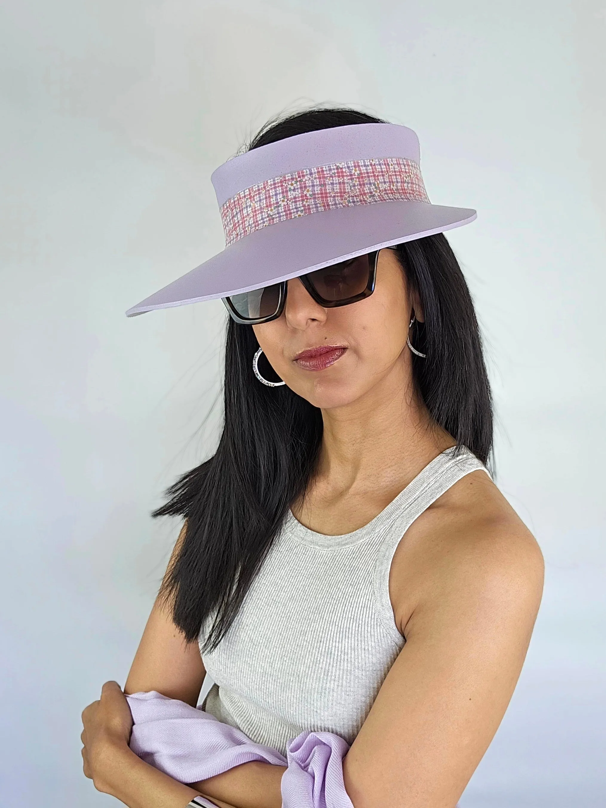 Lilac Purple "LadyEVA" Visor Hat with Multicolor Pastel Plaid Style Band