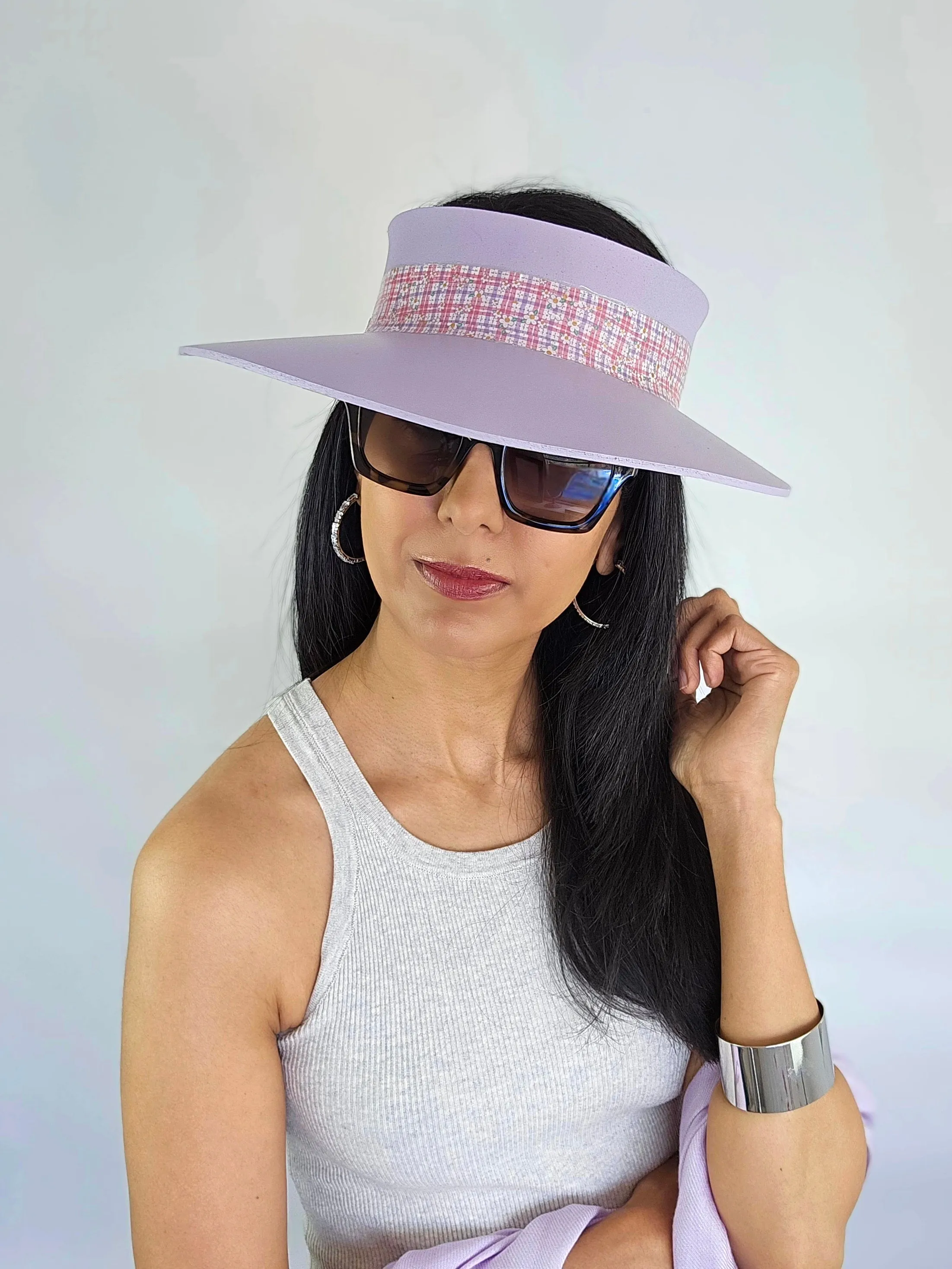 Lilac Purple "LadyEVA" Visor Hat with Multicolor Pastel Plaid Style Band