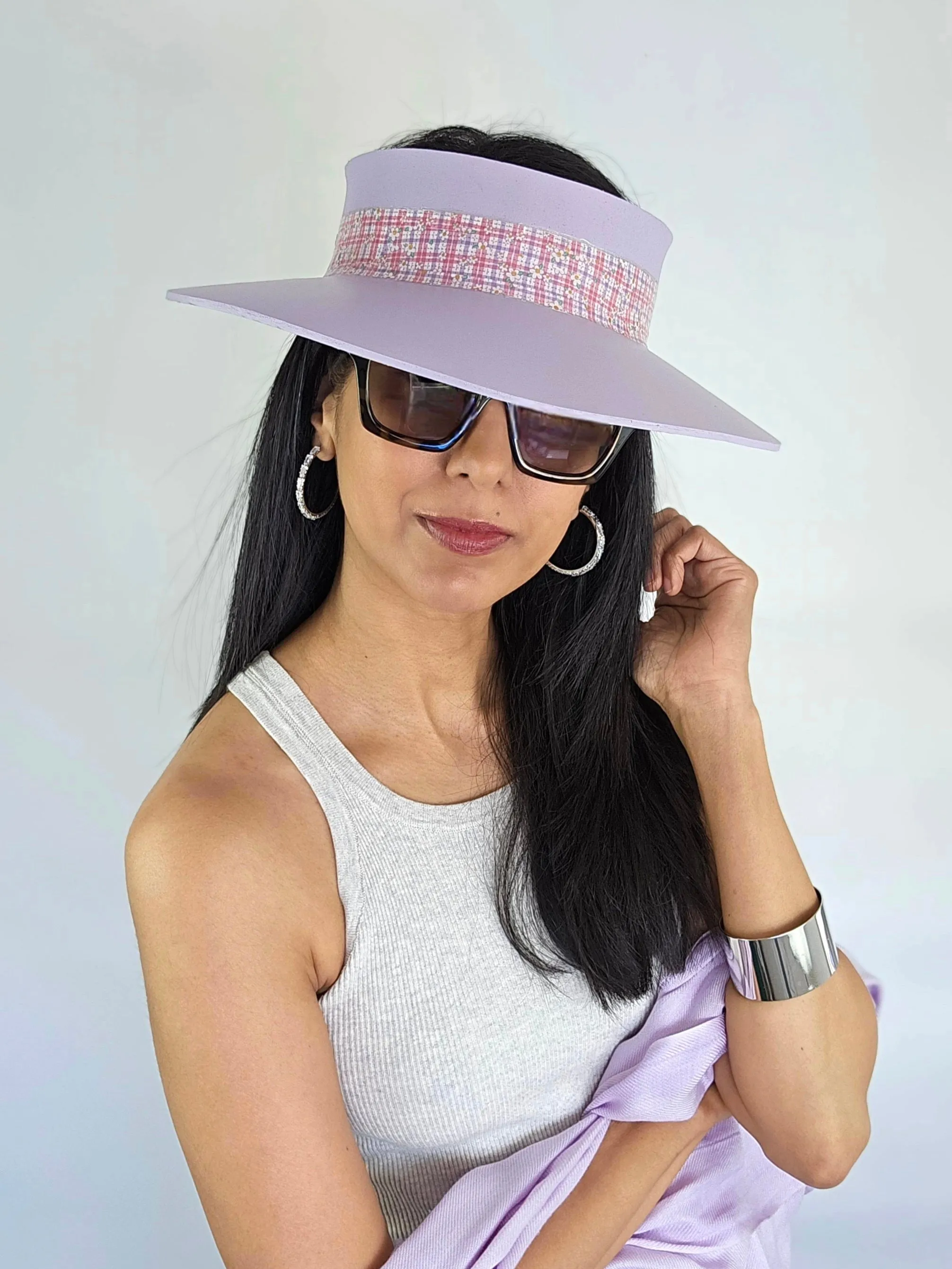 Lilac Purple "LadyEVA" Visor Hat with Multicolor Pastel Plaid Style Band