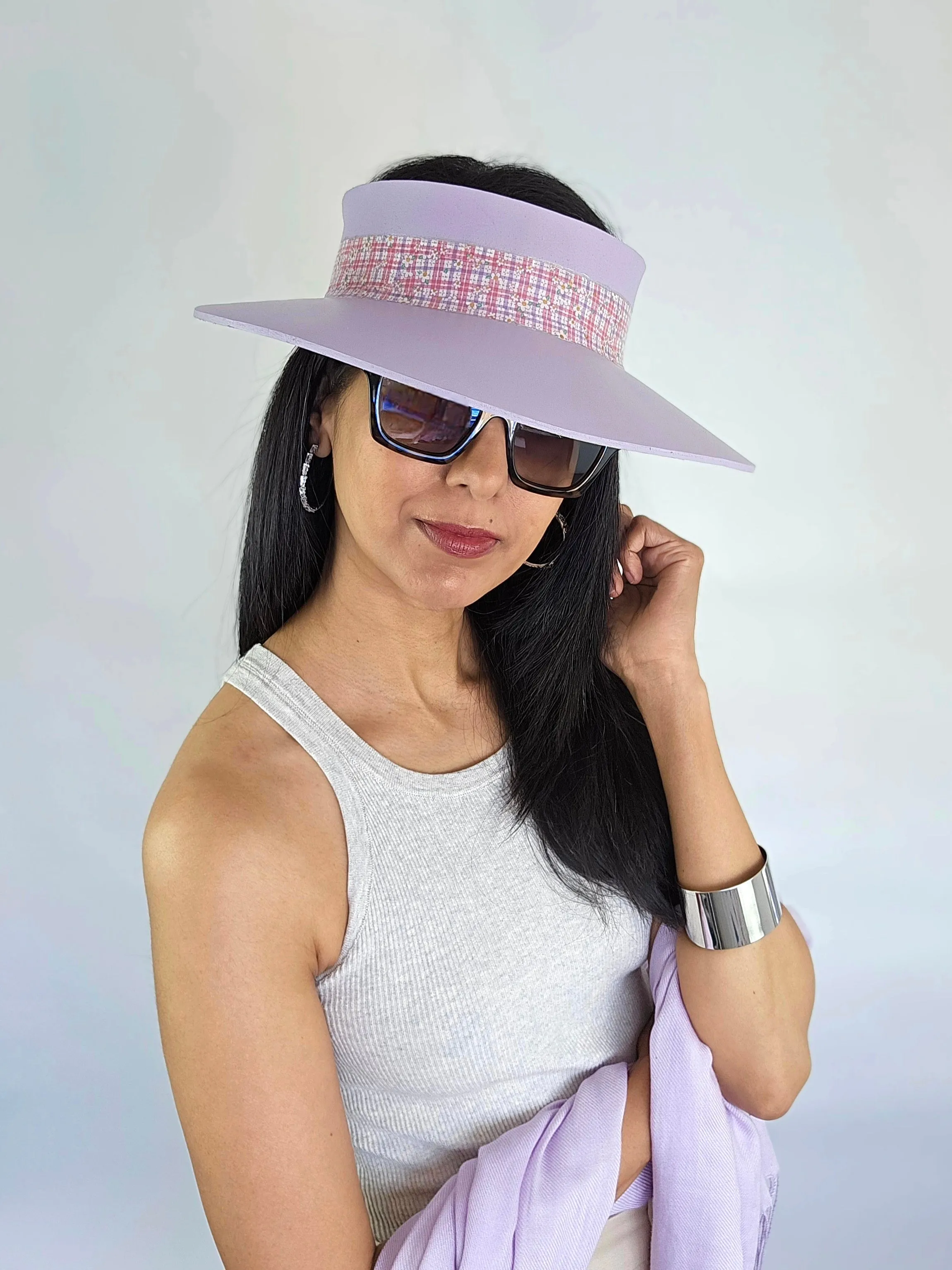 Lilac Purple "LadyEVA" Visor Hat with Multicolor Pastel Plaid Style Band