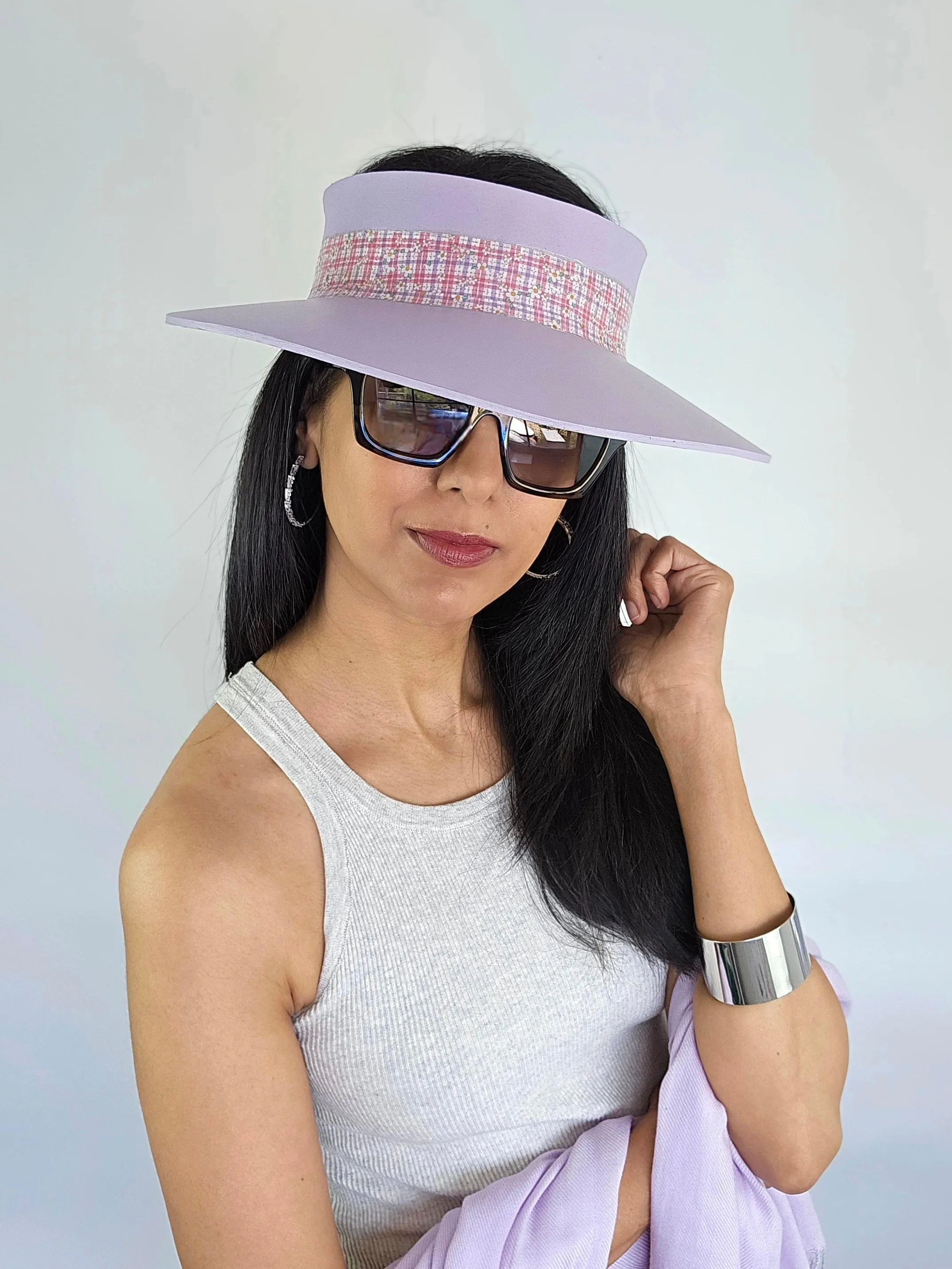 Lilac Purple "LadyEVA" Visor Hat with Multicolor Pastel Plaid Style Band