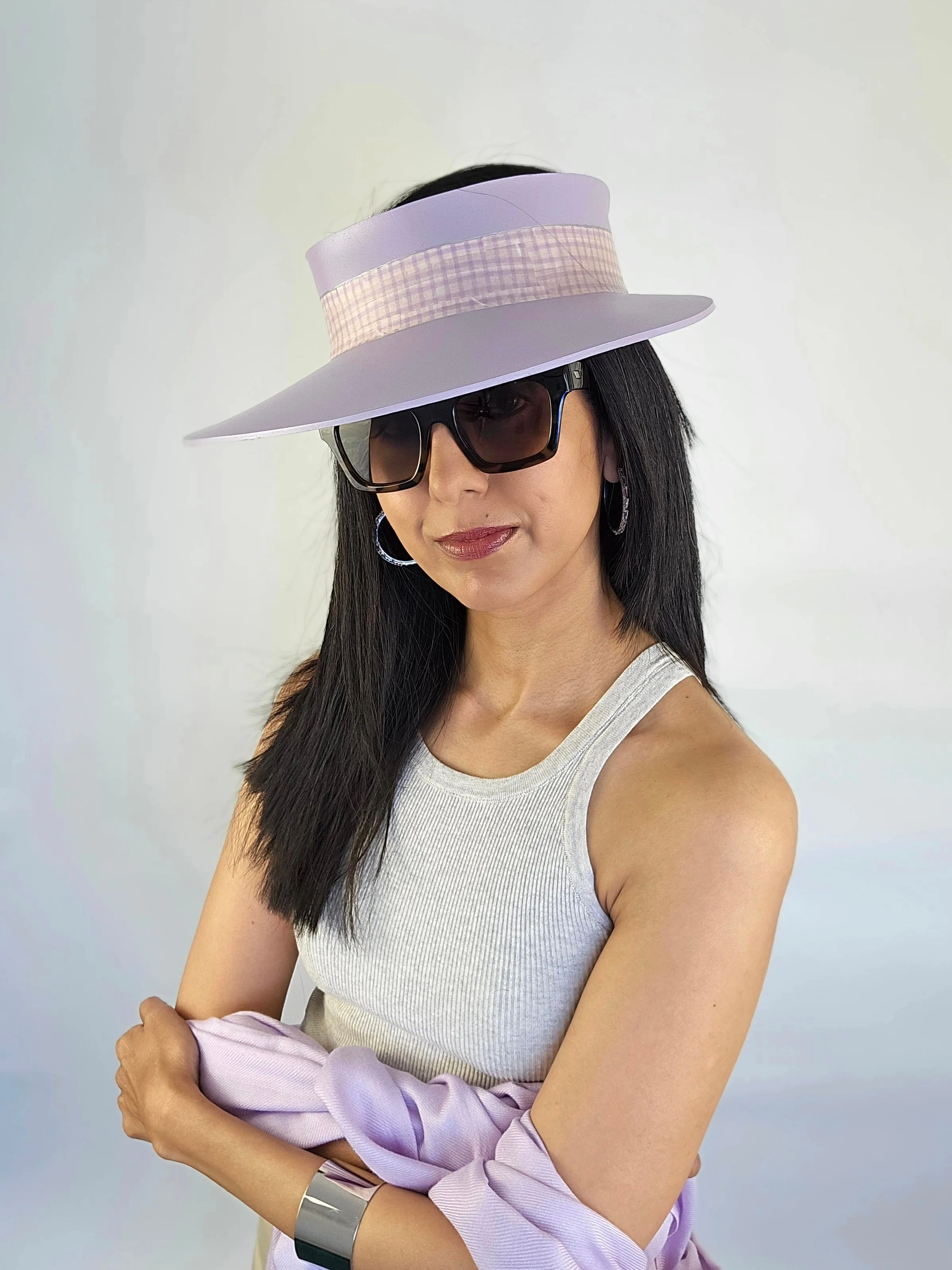 Lilac Purple "LadyEVA" Visor Hat with Plaid Style Lilac Band