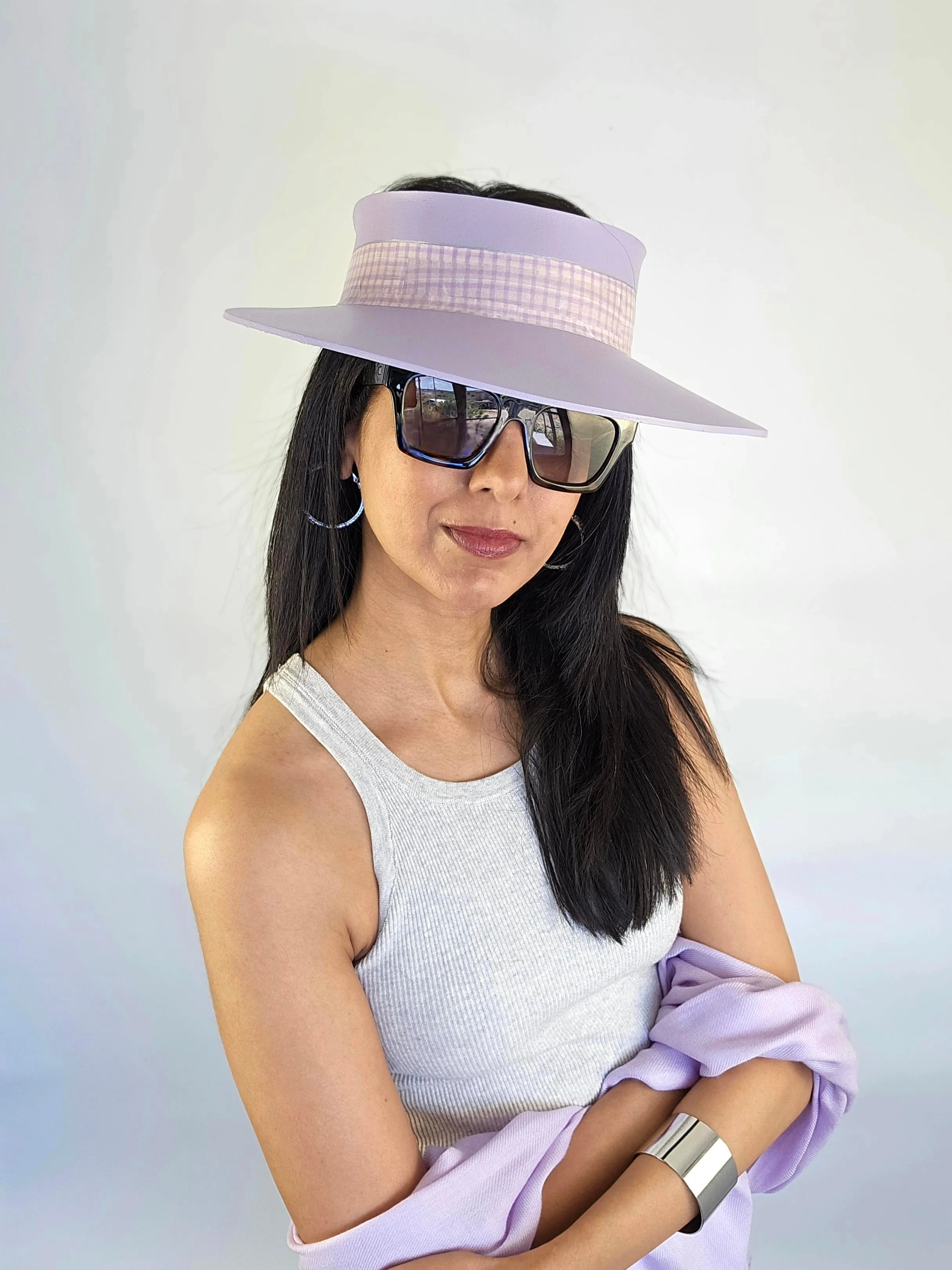 Lilac Purple "LadyEVA" Visor Hat with Plaid Style Lilac Band