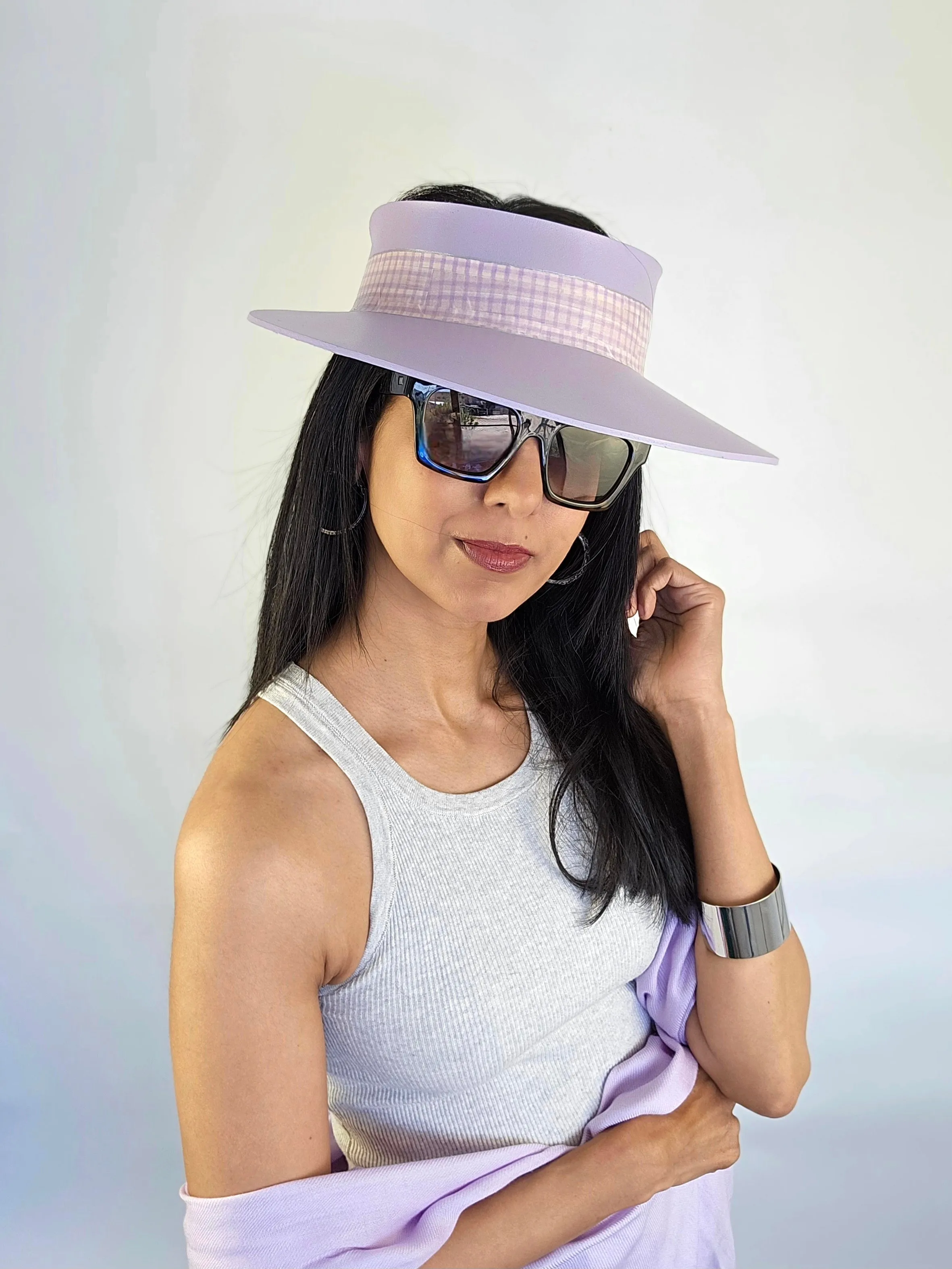 Lilac Purple "LadyEVA" Visor Hat with Plaid Style Lilac Band