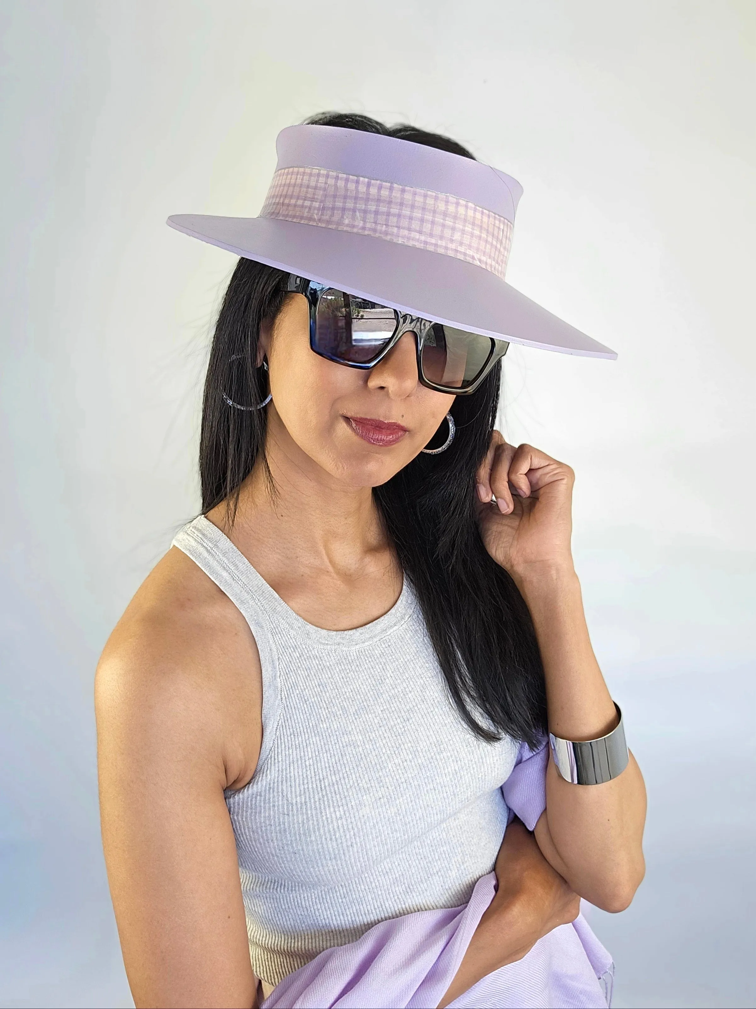 Lilac Purple "LadyEVA" Visor Hat with Plaid Style Lilac Band