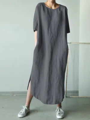 Loose short-sleeve pullover cotton maxi dress