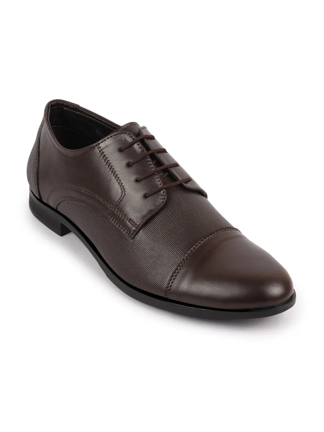 Men Brown Formal Office Textured Design Cap Toe Genuine Leather Lace Up Shoes