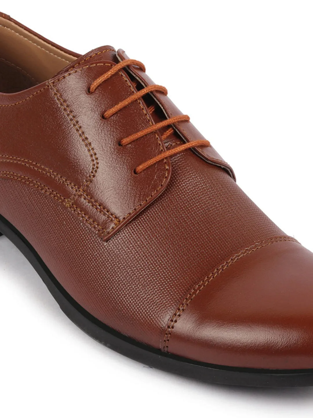 Men Tan Formal Office Textured Design Cap Toe Genuine Leather Lace Up Shoes