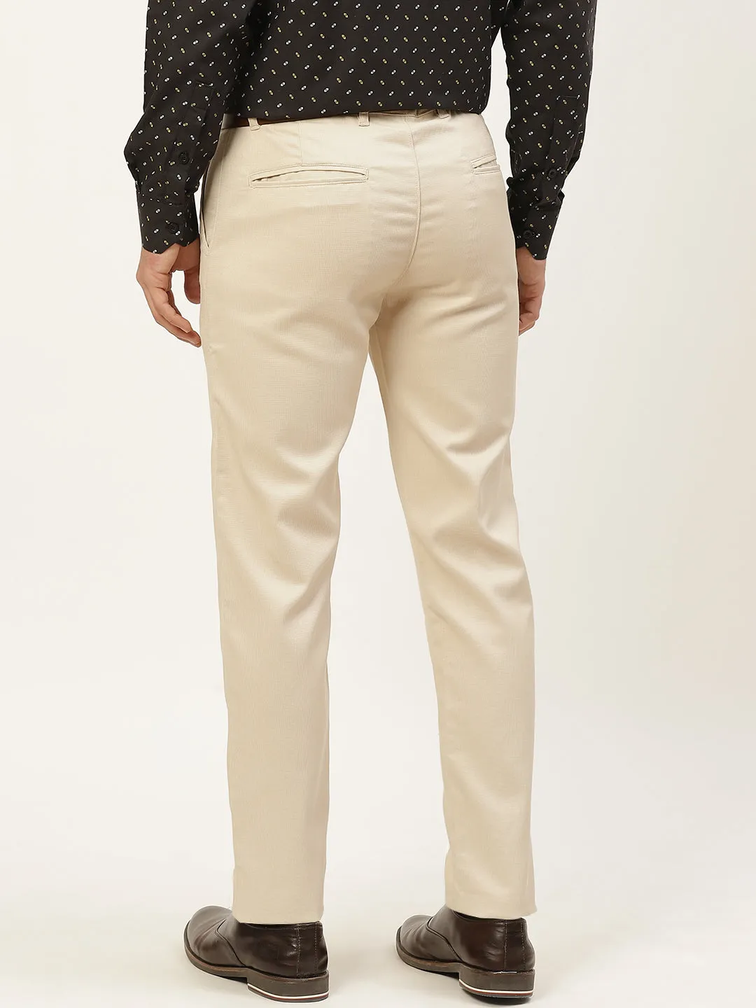 Men's Cotton Blend Beige Woven Design Formal Trousers - Sojanya