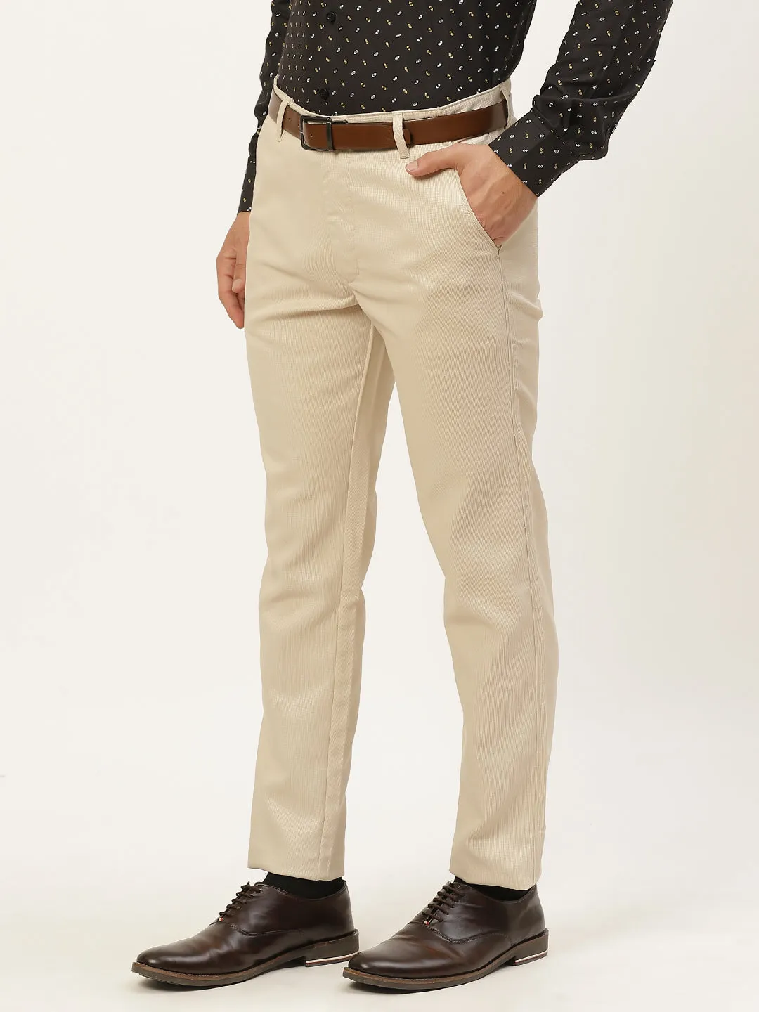 Men's Cotton Blend Beige Woven Design Formal Trousers - Sojanya