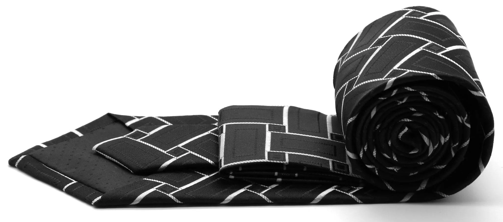 Mens Dads Classic Black Geometric Pattern Business Casual Necktie & Hanky Set Z-9