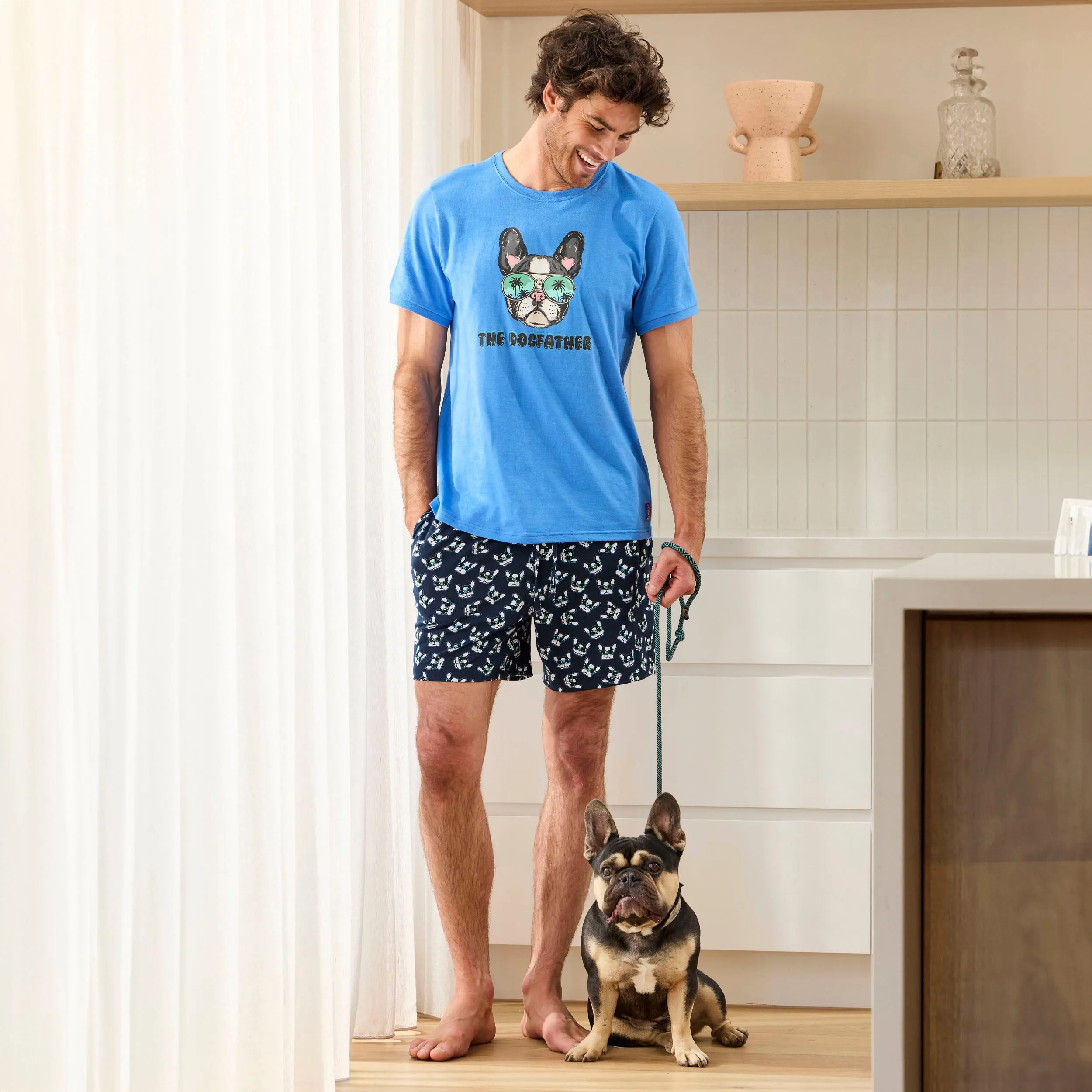 Men's Dog Father Cotton Knit Pyjama Set - Blue