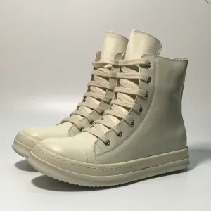 Men's Leather Cream Thick Soled Lace Up Casual High Top Board Shoes