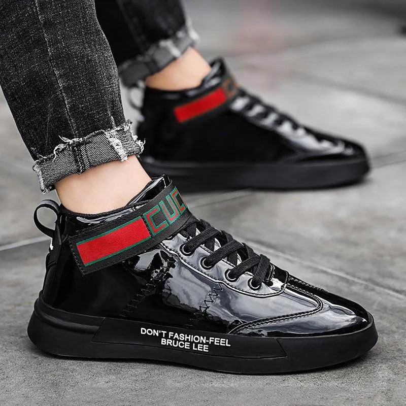 Men'S Patent Leather Shiny High-Top Shoes Korean Mirror Panel Shoes Tyrant